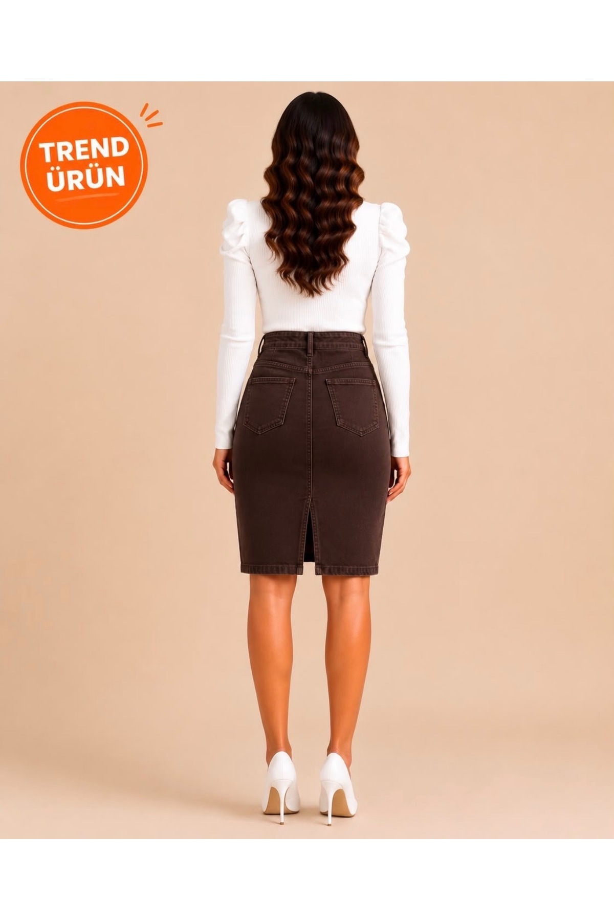 Shield Life Ksha ETEK Kahverengi Etek Yüksek Bel Kot Etek Kadın Arkadan Yırtmaçlı Midi Boy Denim Etek Günlük & Ofis Şık görsel 2