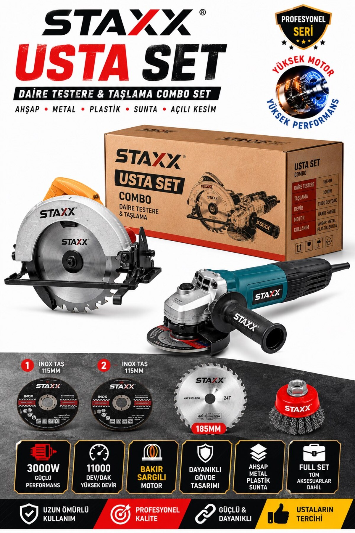 STAXX POWER 3000 W Profesyonel Usta Set – Daire Testere + Avuç Taşlama Full Combo – Ahşap Metal Plastik Kesim