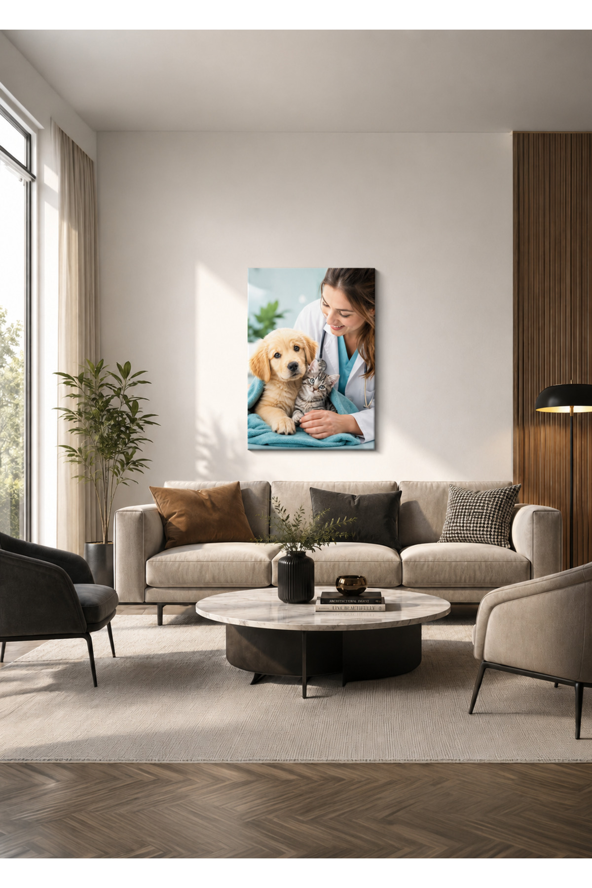 MDF Tablo Veteriner Hekim, Köpek ve Kedi Yavrusu – Klinik Temalı Ev ve Ofis Duvar Dekorasyonu
