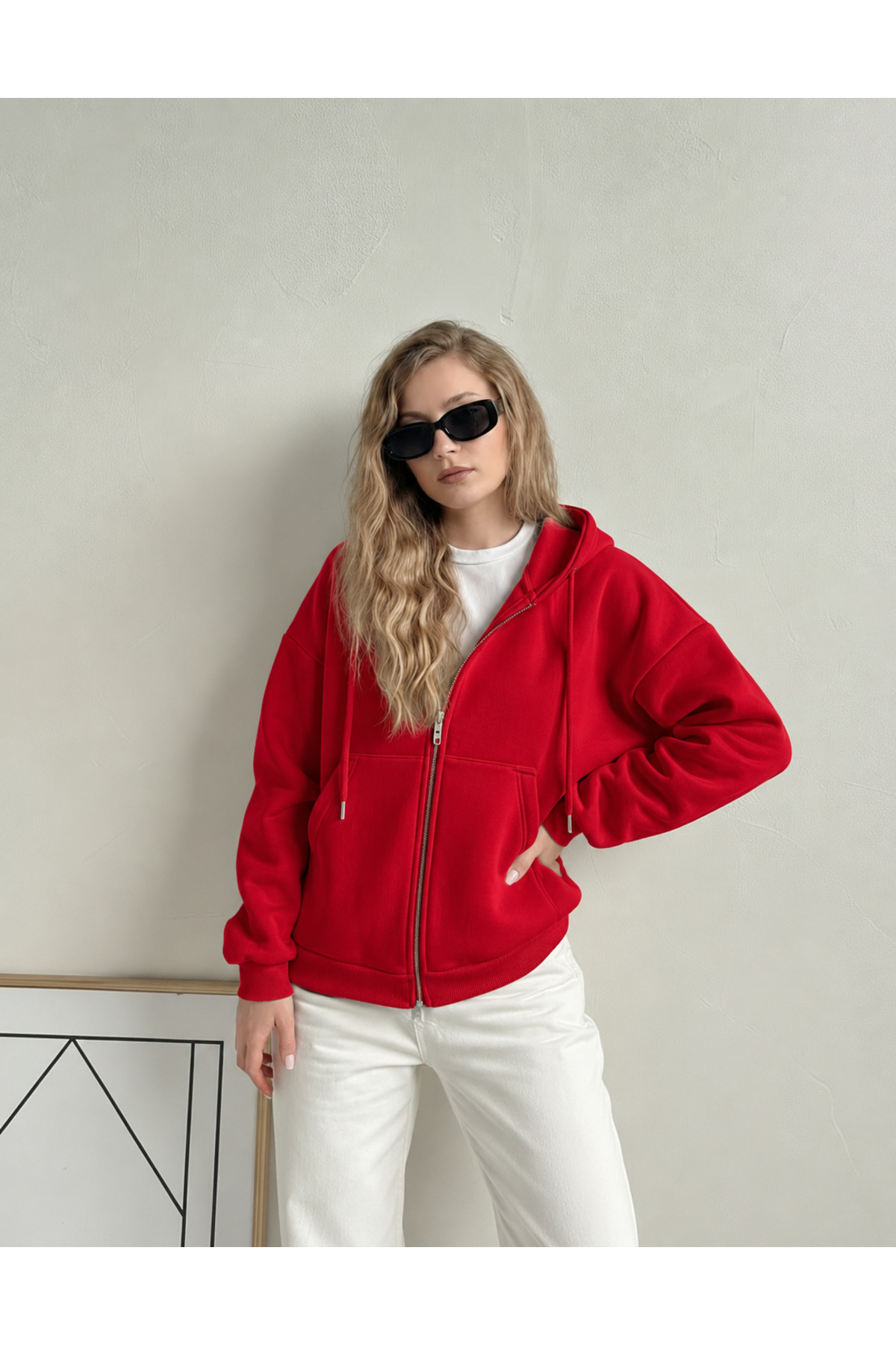 YAKAMEL KADIN 3 İPLİK KAPÜŞONLU FERMUARLI OVERSİZE SWEATSHIRT HIRKA