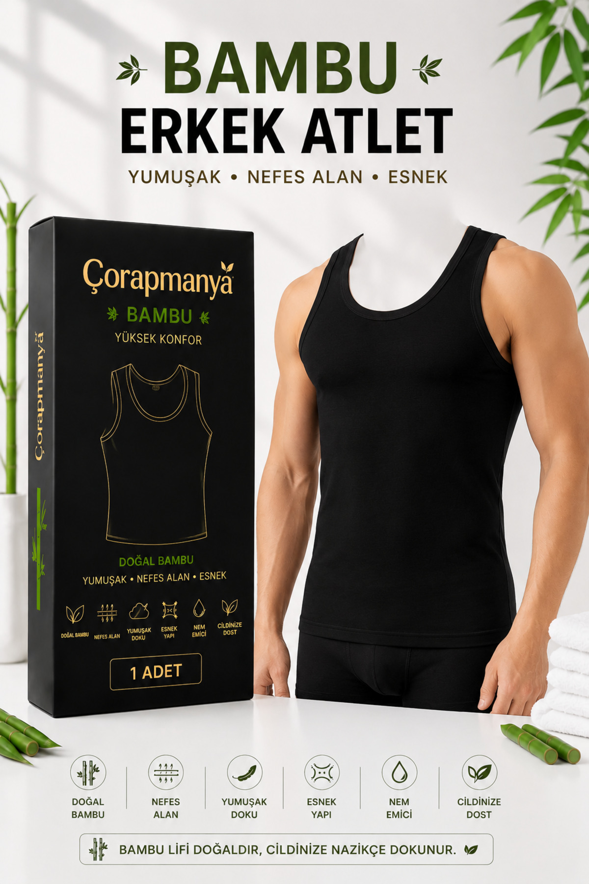 çorapmanya Erkek Bambu Kalın Askılı Atlet Siyah - Beyaz