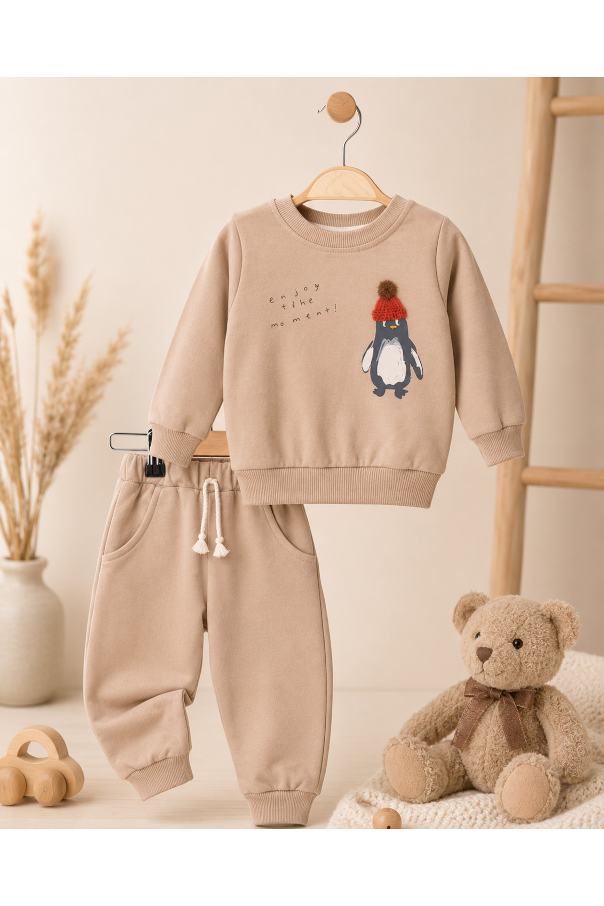 Penguen Baskılı 2'li Erkek Çocuk Takımı – Sweatshirt ve Jogger Alt | Günlük Bebek Eşofman Takımı