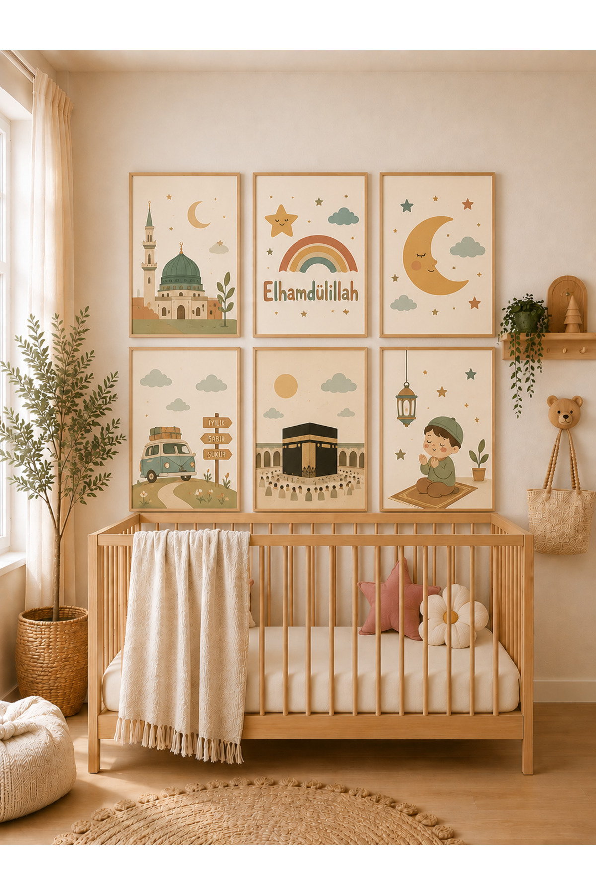 6 Parça MDF Tablo Seti Cami, Elhamdülillah, Kâbe ve Dua Eden Çocuk – İslami Bebek ve Çocuk Odası Duvar Dekorasyonu