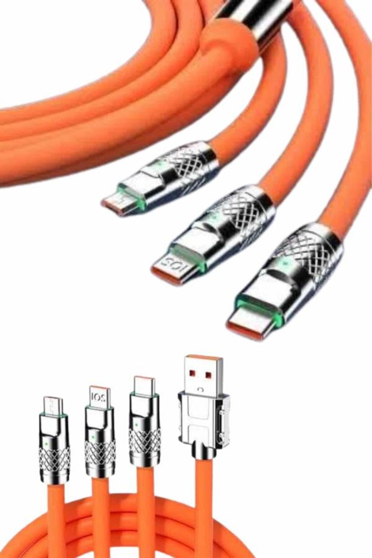 markentegra 120W Silikon Metal Uçlu LED Işıklı 3 In1 Şarj Kablosu 1.2m