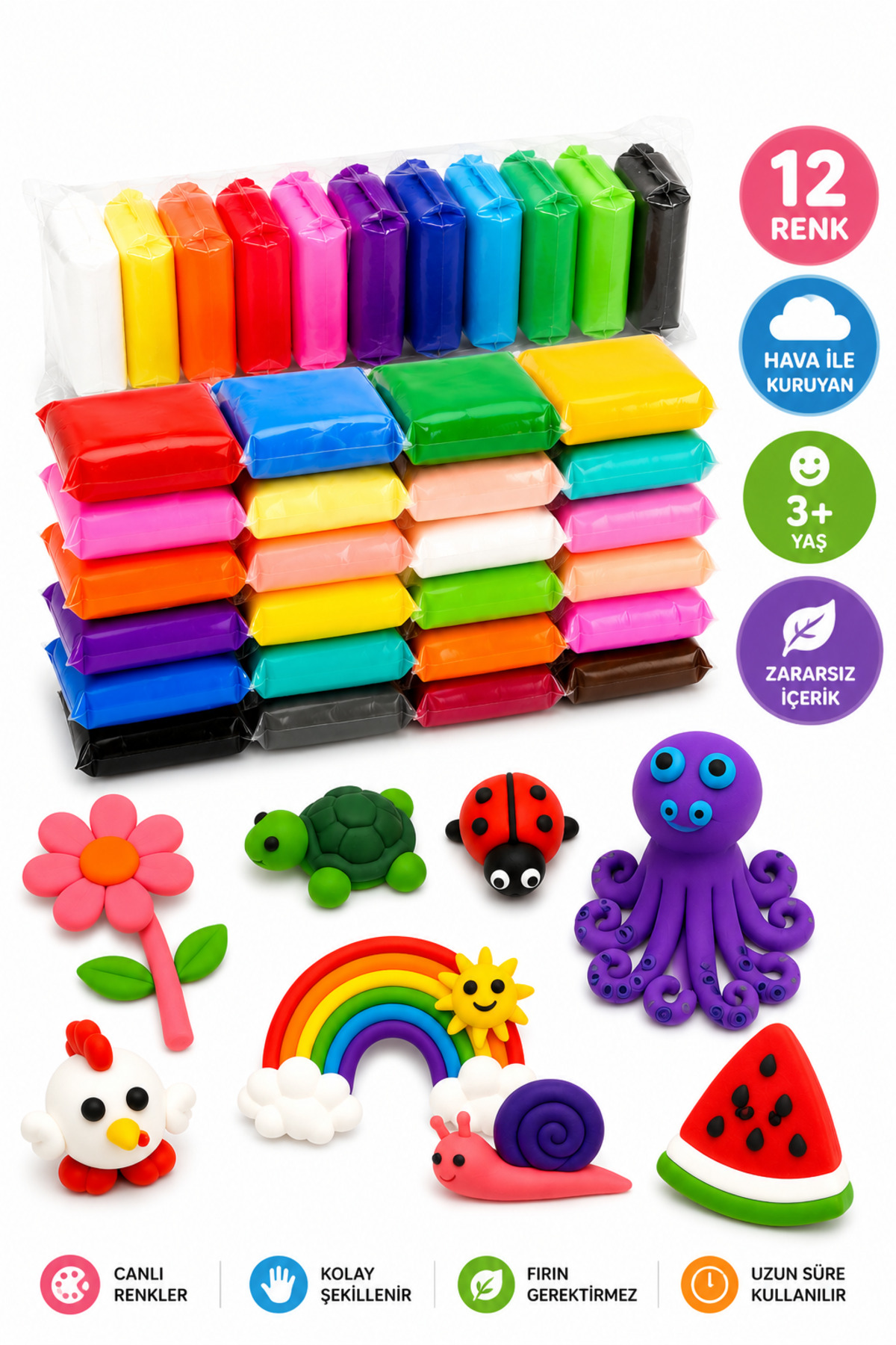 Maurizio 6枚まとめ売り ZİVENTA 12 Renk Zıplayan Hamur | Hava ile Kuruyan Oyun Hamuru