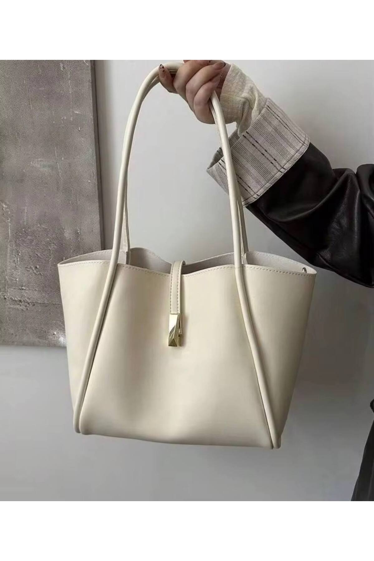 Cream LONDRA Large Women's Handbag with Lock Detail görünüm 4