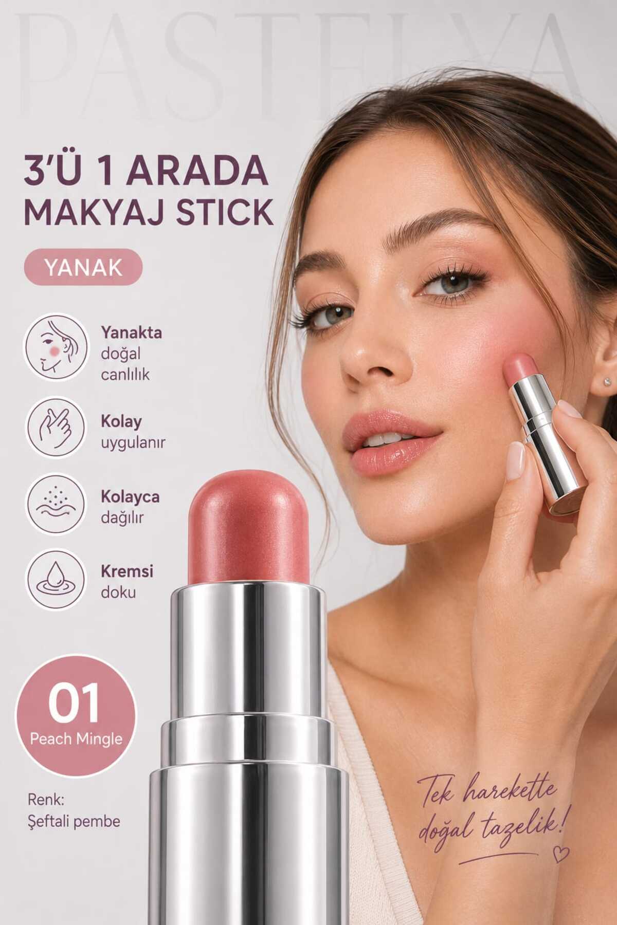 3’ü 1 Arada Makyaj Stick – 01 Peach Mingle (Şeftali Pembe) - DUDAK, YANAK ve GÖZ — صورتی 3in1Stick — تصویر 3 از 5