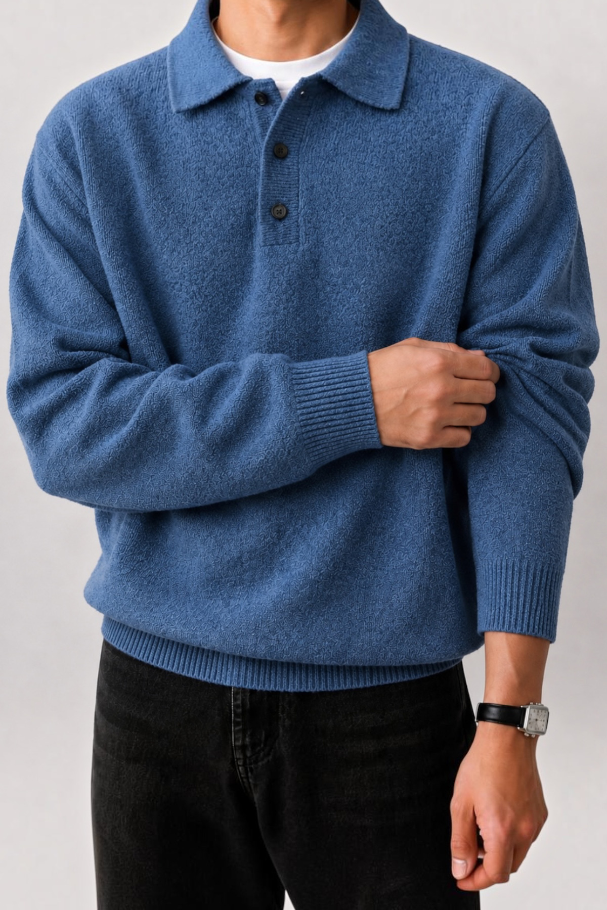 SERABLANKA Erkek Polo Yaka Oversize Triko Kazak, Rahat Kalıp görsel 3