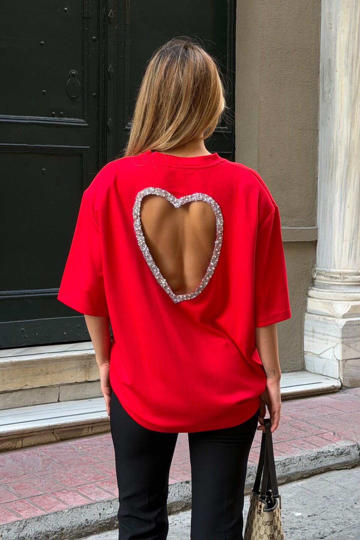 Laluvia Red T-Shirt with Stone Back and Heart Decals, Low-Cut and Padded - 4122