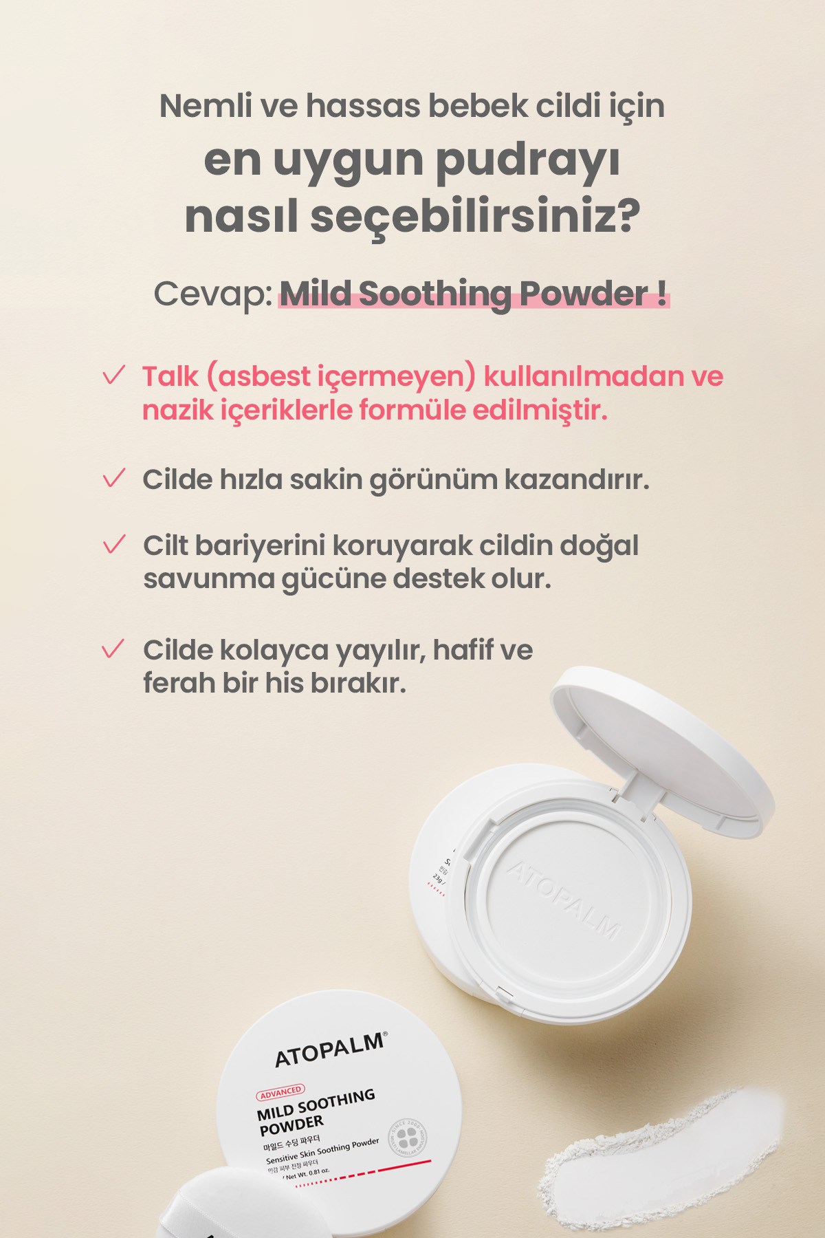 Yenidoğanlara Özel, Talk İçermeyen Temiz İçerikli Kompakt Bebek Pudrası Mild Soothing Powder — 9725 — تصویر 3 از 9