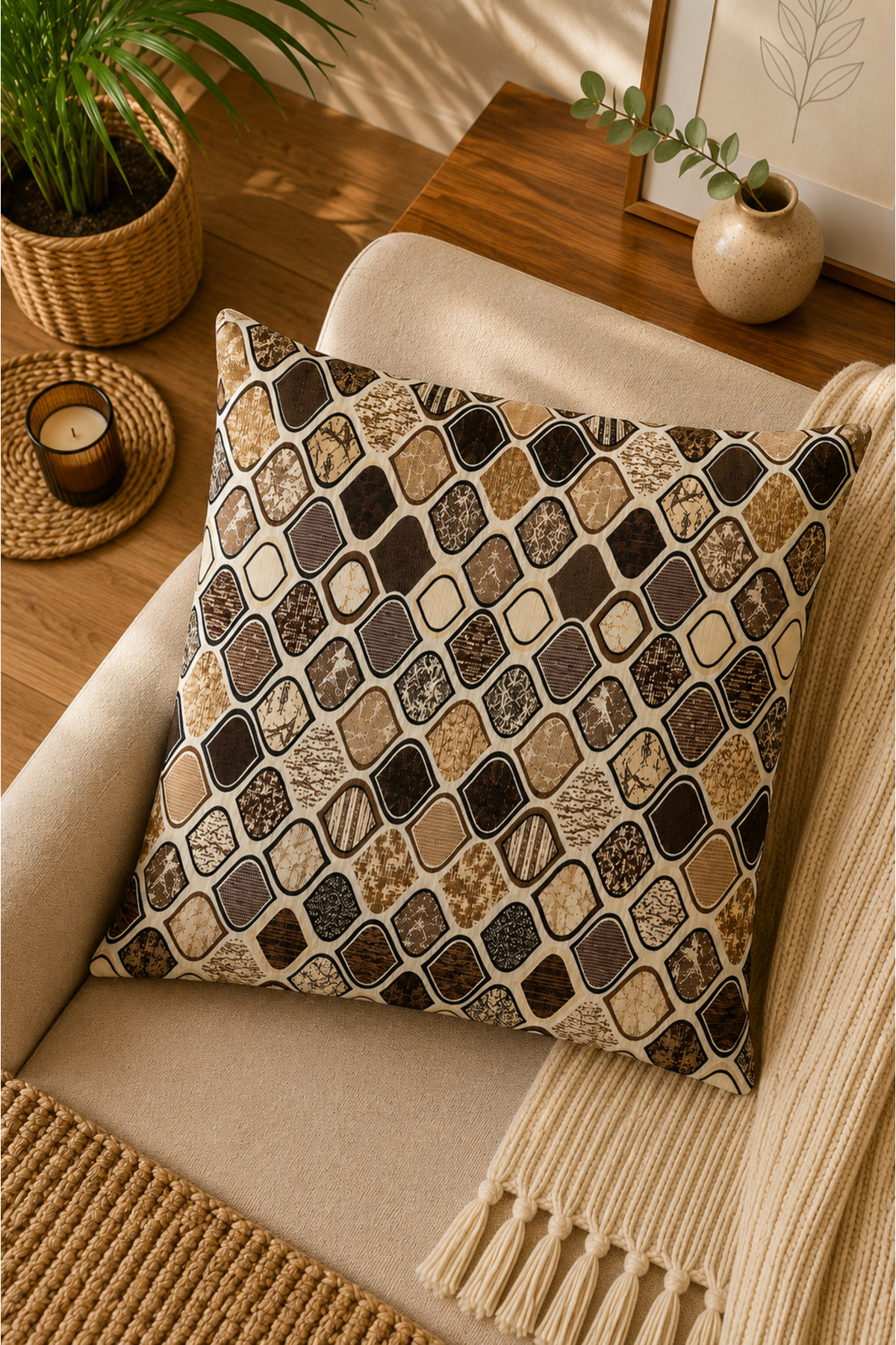 Dijital Baskılı Dekoratif Kırlent Kılıfı 43x43 cm – Modern Desenli Keten Dokulu