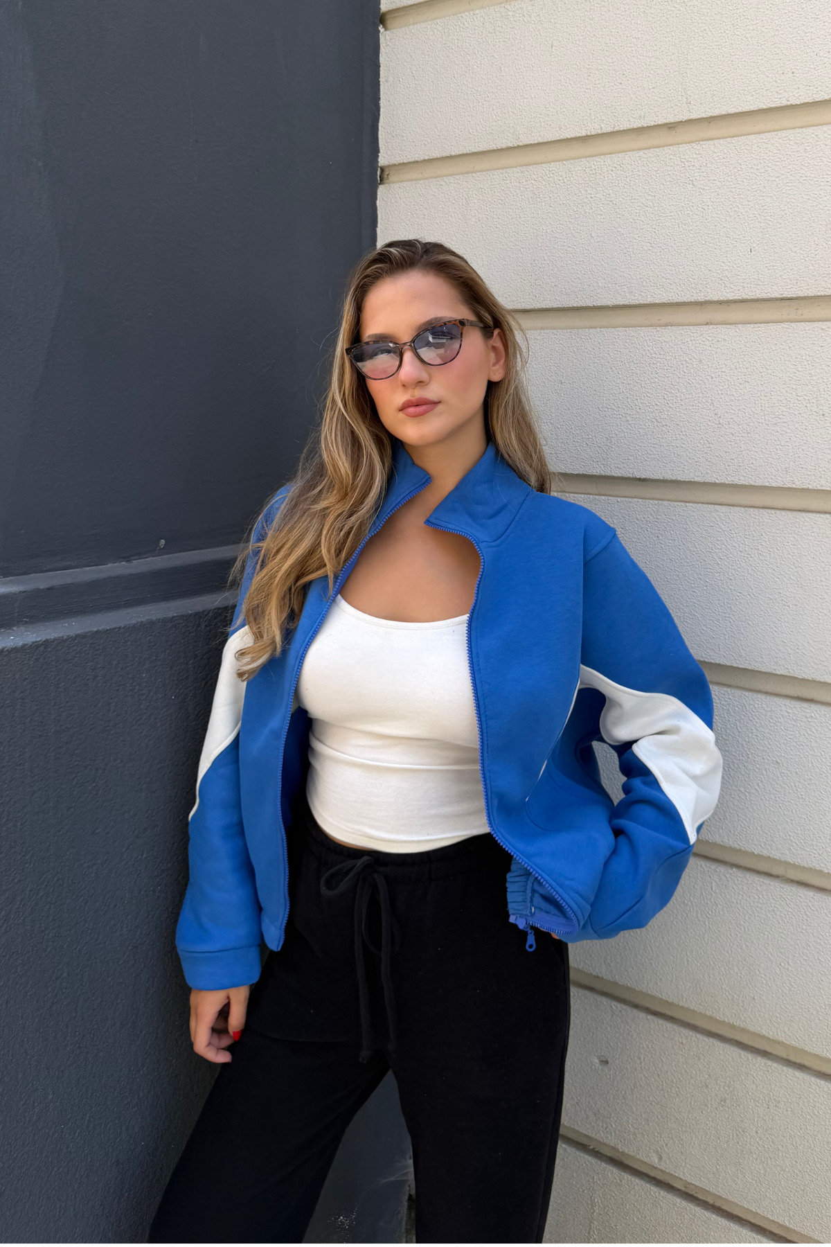 macharel jeans Saks Mavi Dik Yaka Cepli Fermuarlı Sweat Hırka görsel 2