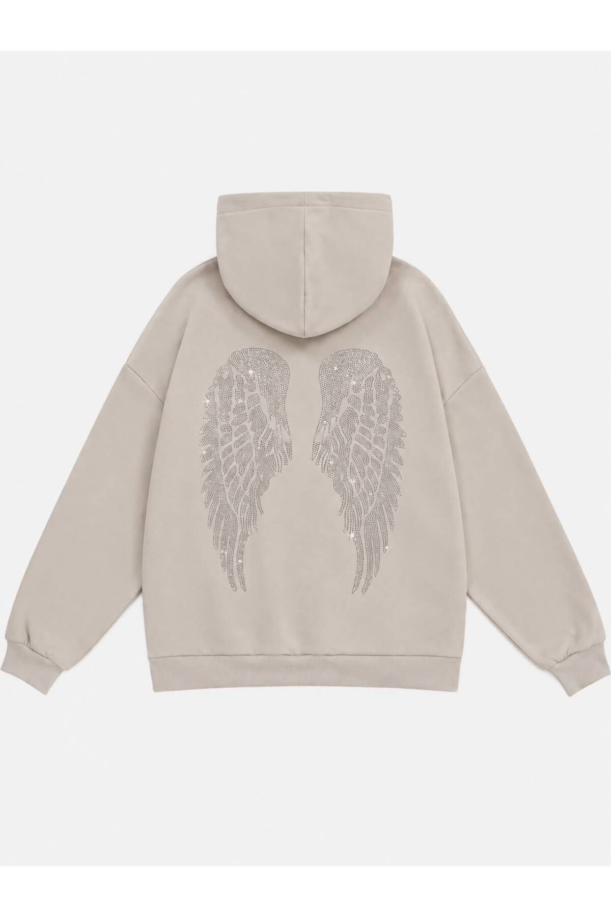 Mad&Calf Kadın Wing Taş Baskılı Kapüşonlu Oversize Sweatshirt