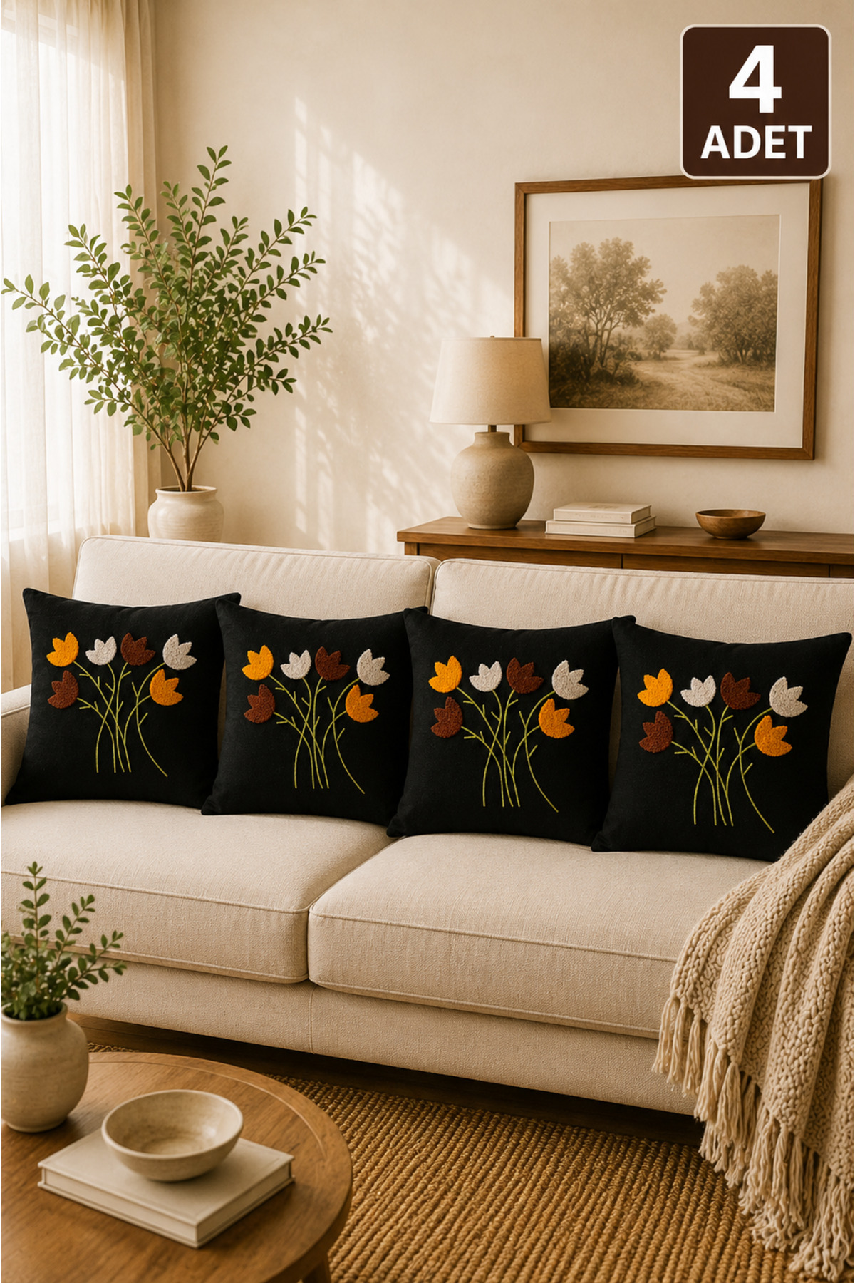 4’lü Punch Kırlent Kılıfı Seti – Aynı Renk ve Desen – Dekoratif Keten Kırlent 43x43 cm