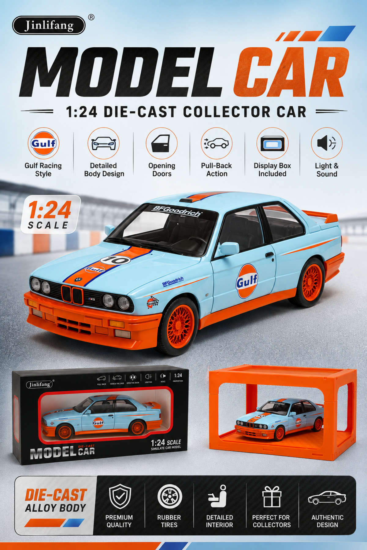 Toy Factory Jinlifang 1:24 Die-Cast Model Car – Light Blue & Orange Gulf Racing Style Collector Car with Opening Doors, Pull-Back Action, Light & Sound, Display Frame & Retail Box