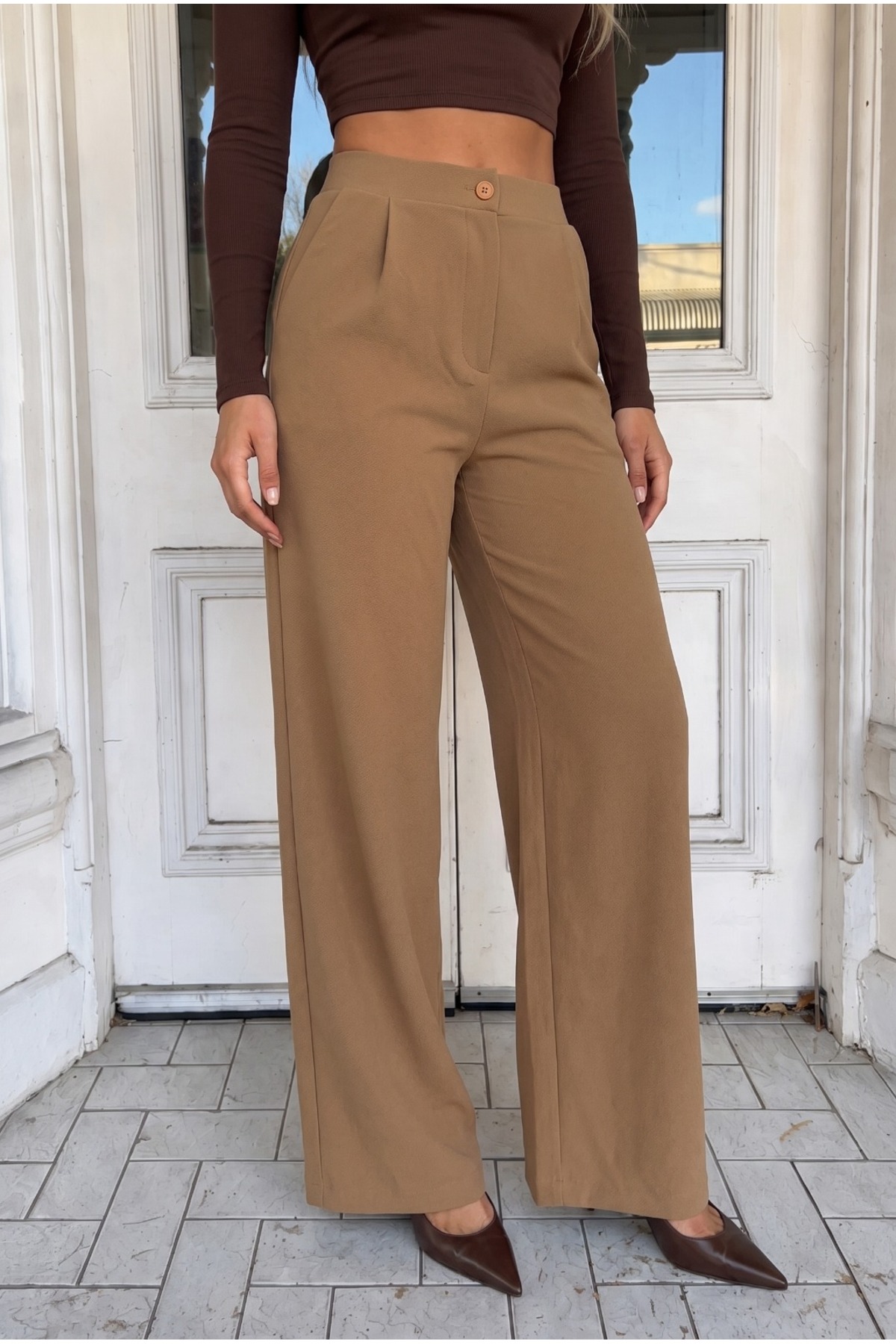 Kadın Taba Rahat Kesim Bol Paça Likra Pantolon Kahverengi 5