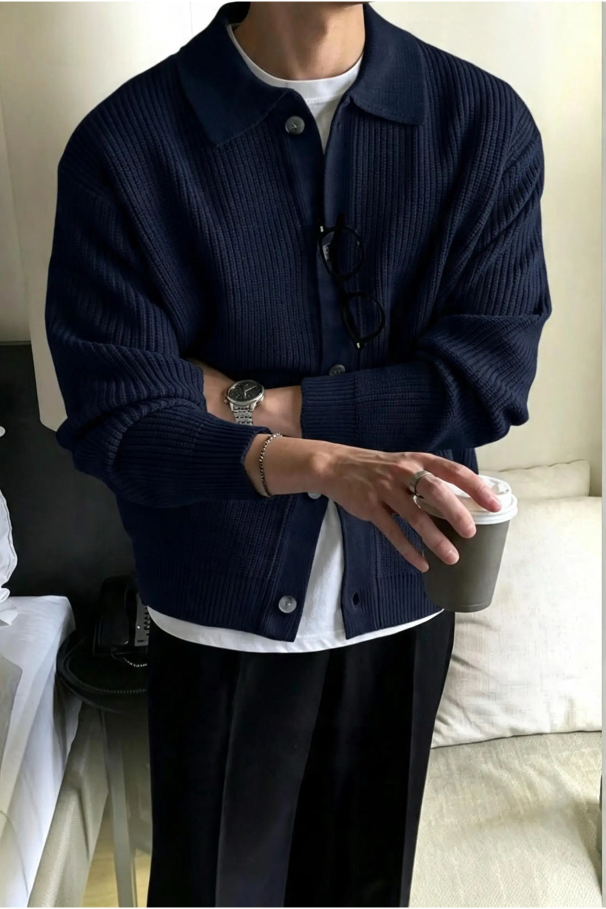 SERABLANKA Erkek Polo Yaka Oversize Triko Hırka görsel 3