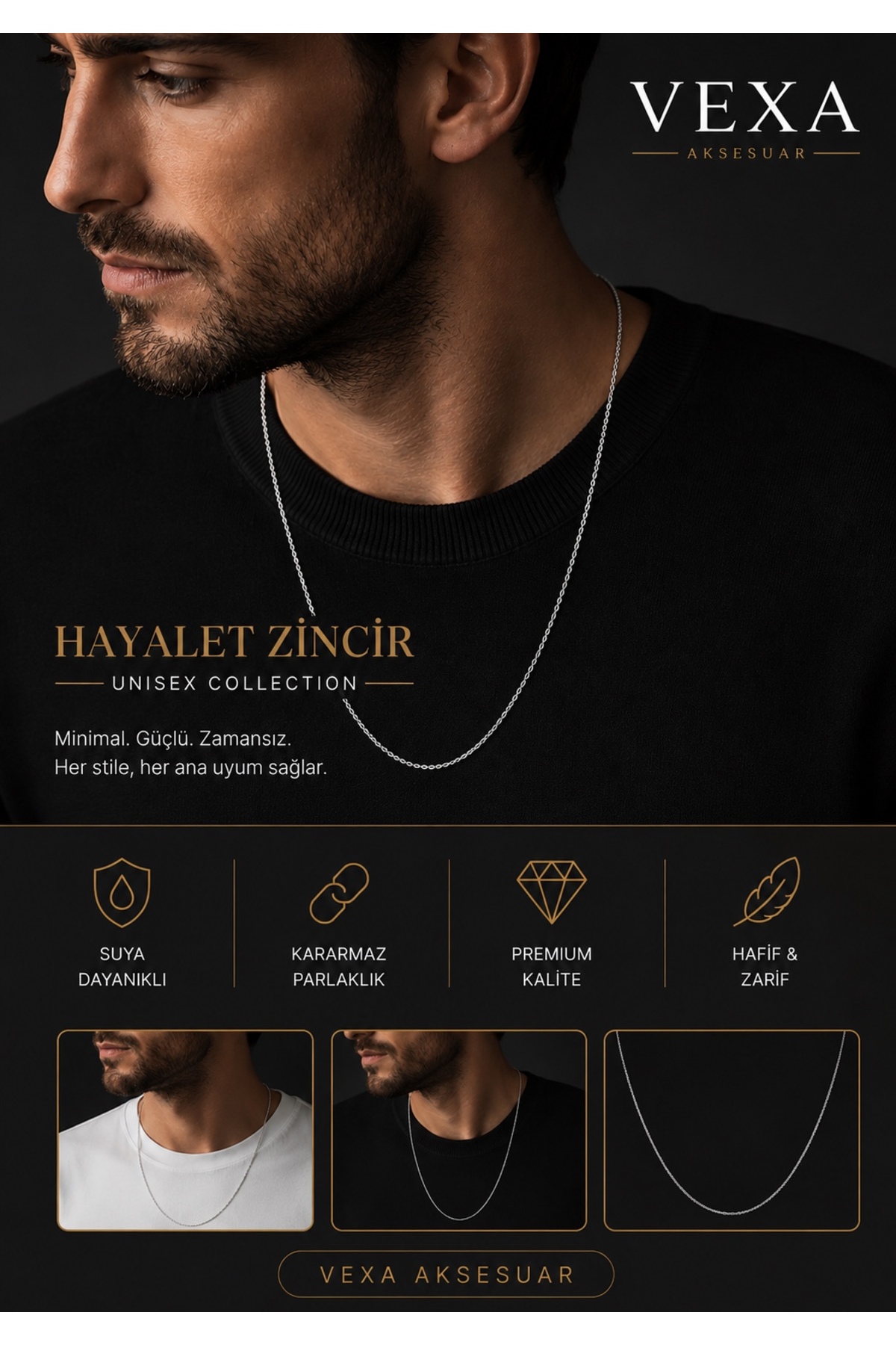 Vexa Aksesuar Hayalet Zincir 316L Kararmaz Çelik İnce Minimal Unisex Kolye Kutulu ve Hediyeli Gönderim görsel 6