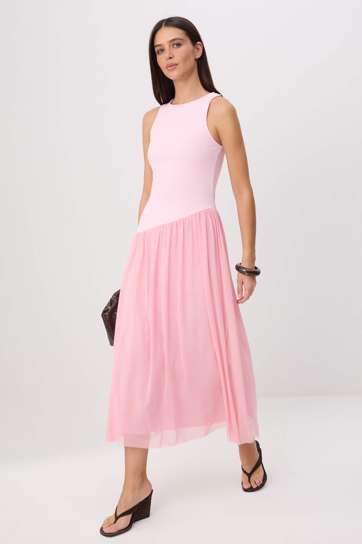 Trendyol Collection Pink Plain Skater Crew Neck Sleeveless Ruched Maxi Corded Fabric Stretchy Knitted Dress Twoss26El00204