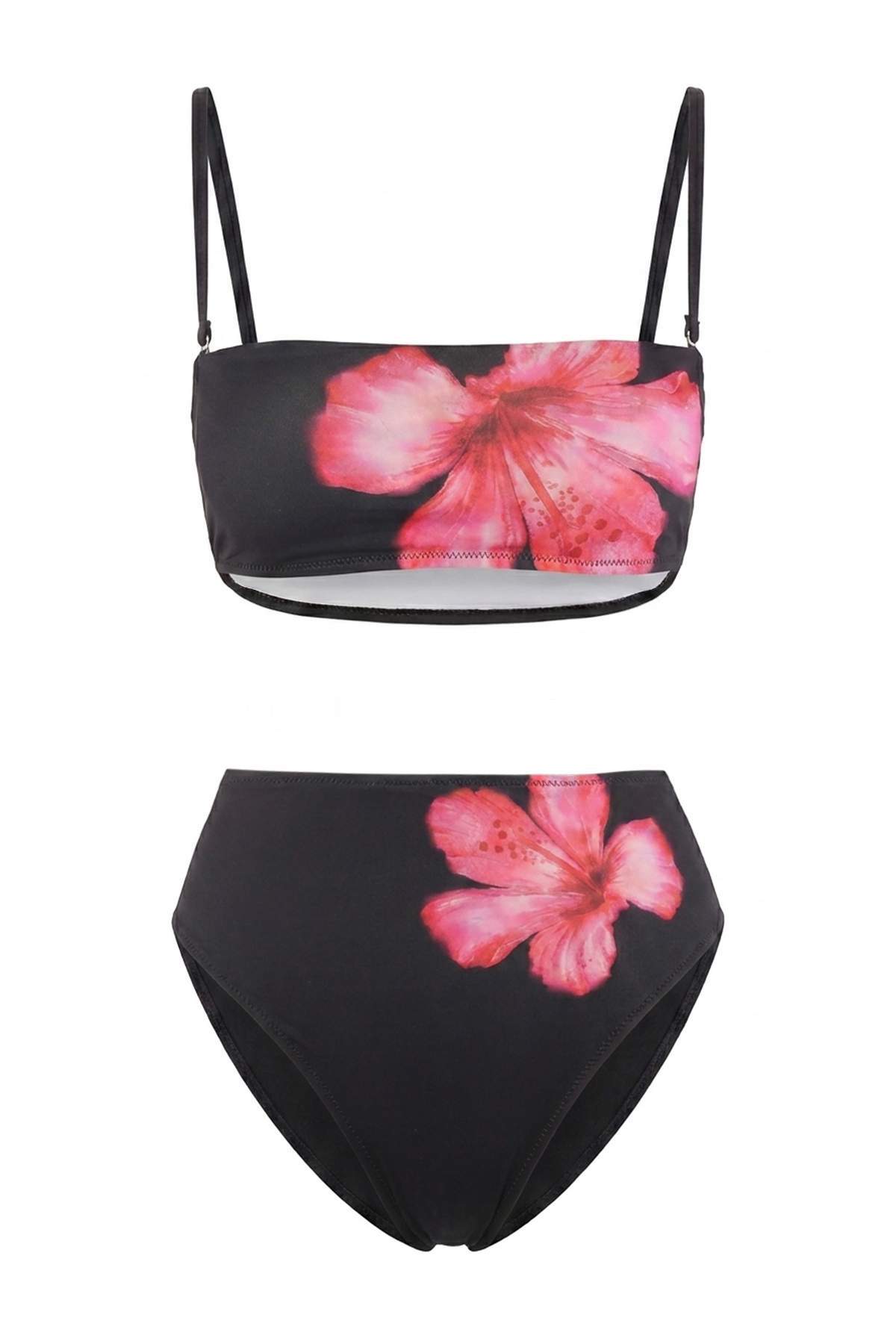 Trendyolmilla Çiçek Desenli Straplez Kaplı Yüksek Bel High Leg Bikini Takımı TBESS26BT00155