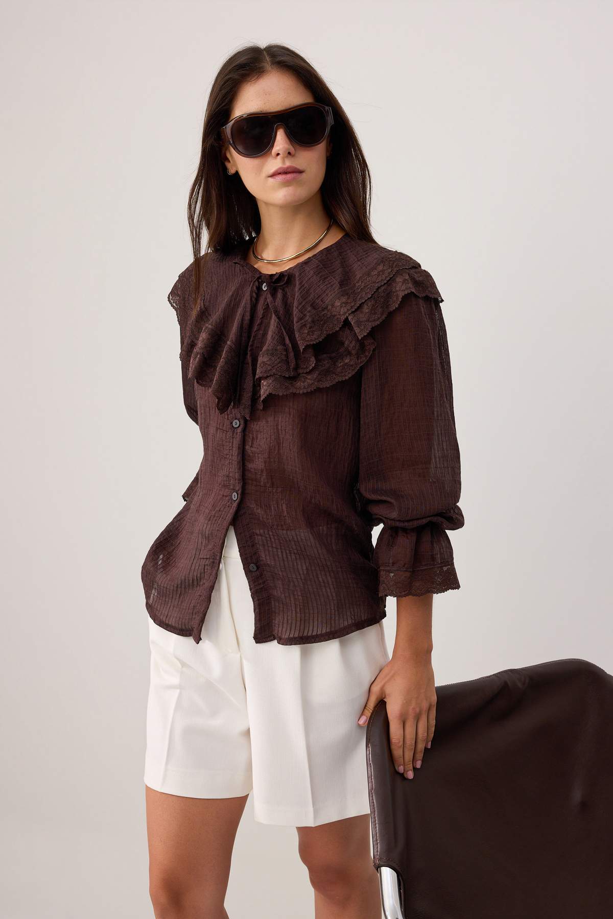 Trendyol Collection Limited Edition Brown Slightly Transparent Lace Paneled S...