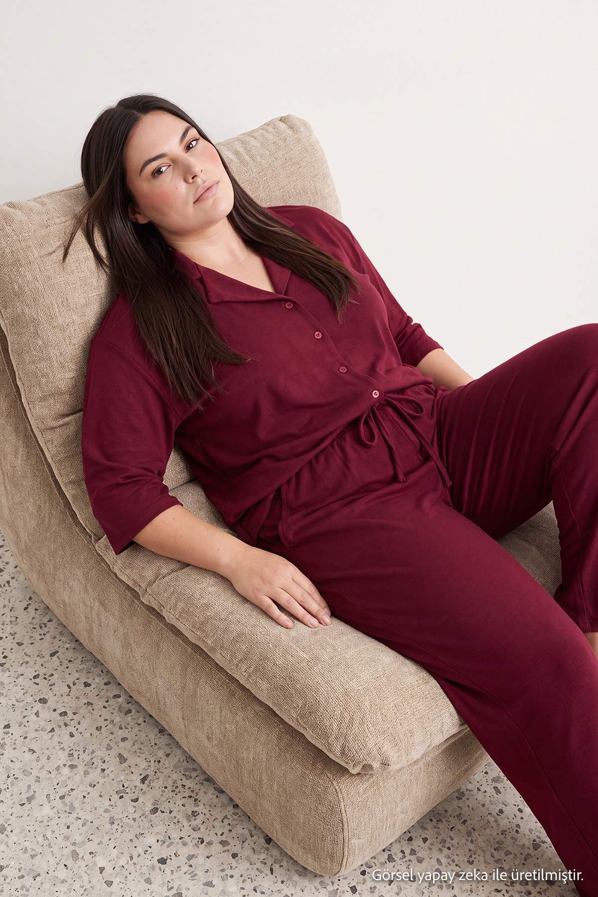 Trendyolmilla Curve Bordo Yumuşak Tuşeli Truvakar Kol Gömlek Yaka Örme Büyük Beden Pijama Takımı