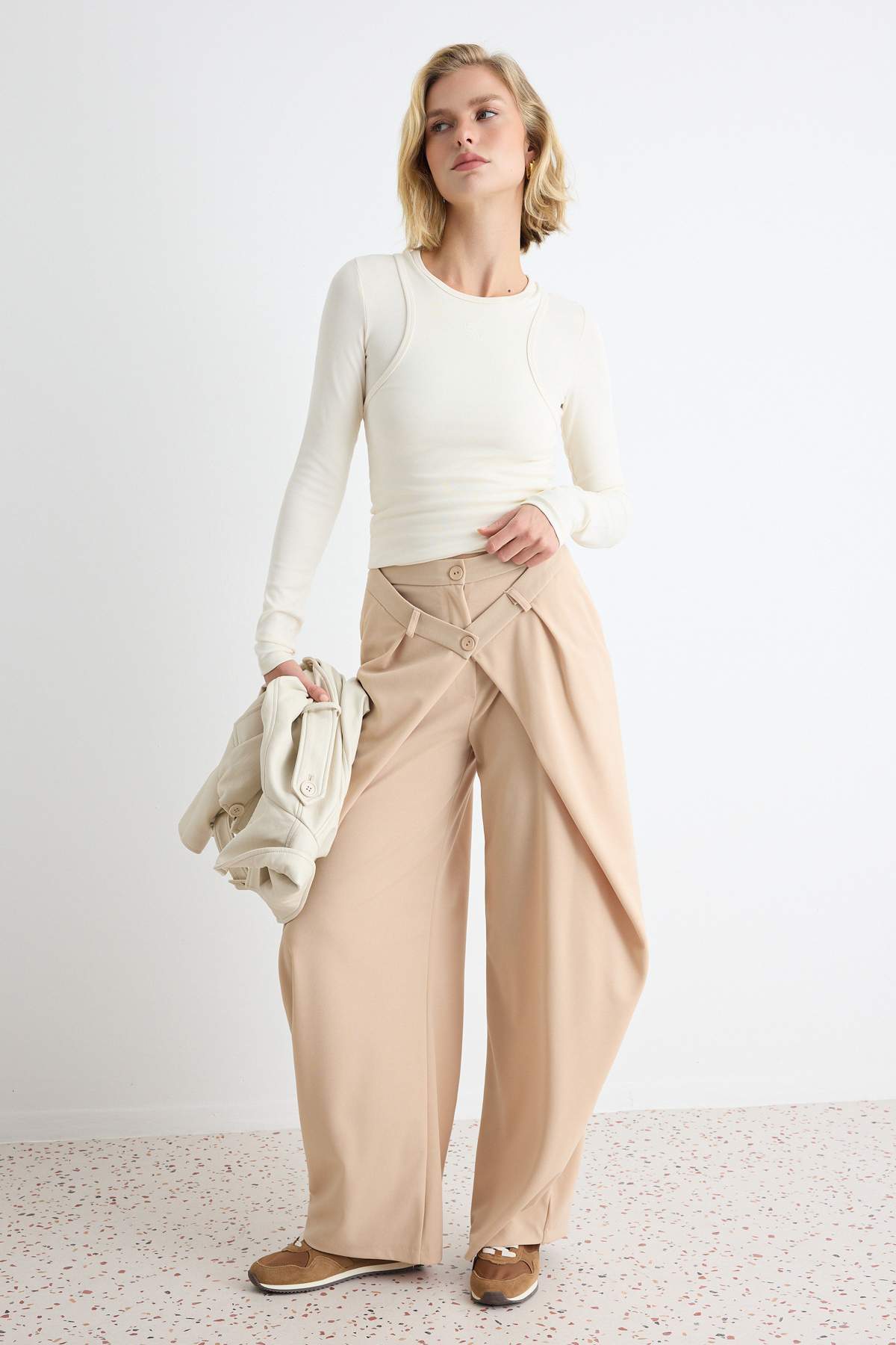 Trendyolmilla Taş Düz Wide Leg Yüksek Bel Geniş Paça Uzun Krep Örme Pantolon TWOAW27PL00006