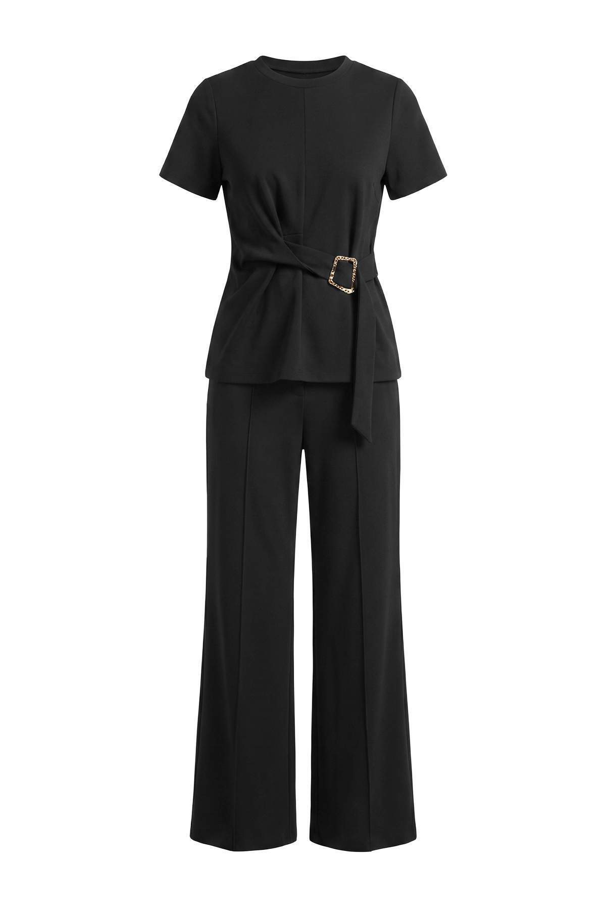 Trendyolmilla Siyah Düz Regular/Normal Kalıp Kuşak Detaylı Aksesuarlı Soft Touch Örme Alt-Üst Takım TWOAW27AU00087