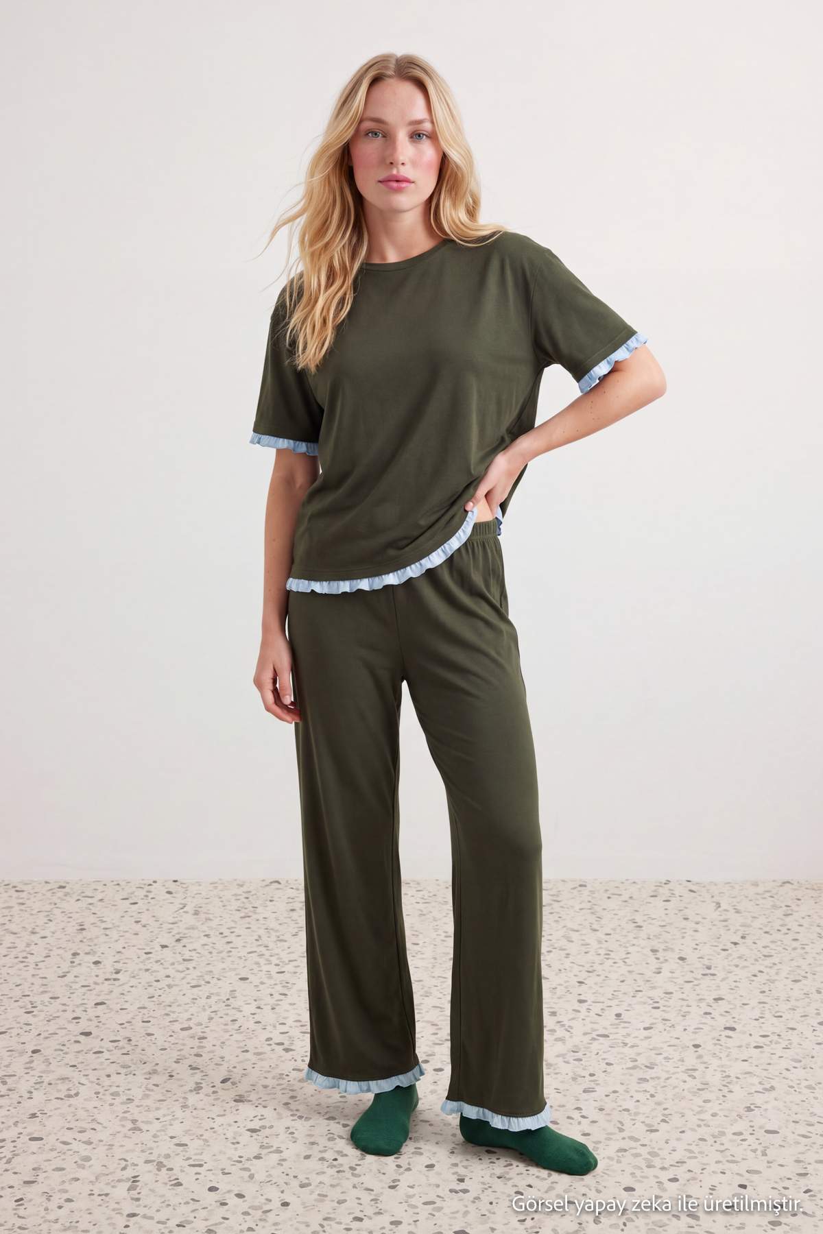 Trendyol Collection Green 100% Cotton Double Layer Ruffle Knitted Pajamas Set Thmaw26Pt00125