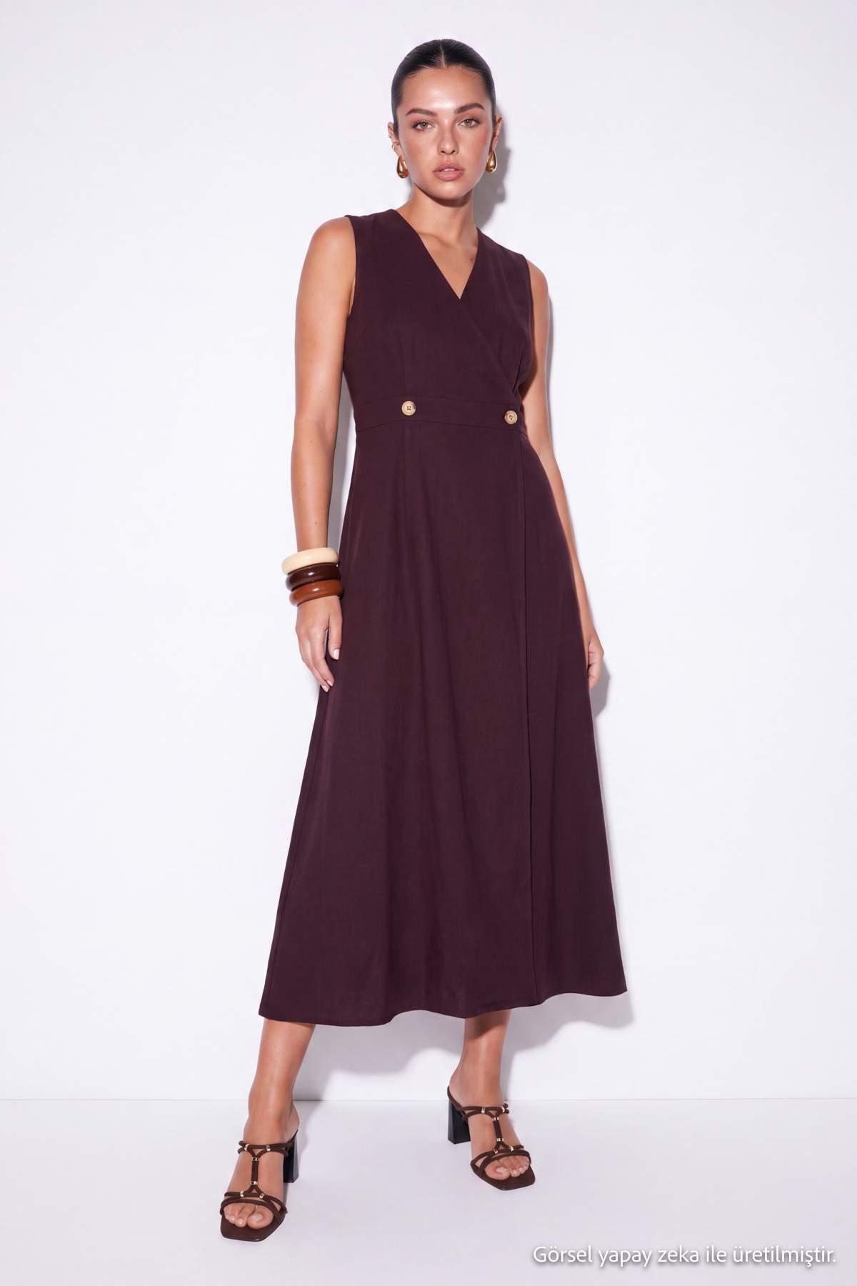 Drop by Trendyolmilla Bordo Kruvaze Yaka Belden Lastikli Önden Yırtmaçlı Uzun Dokuma Elbise TDRSS26EL00132