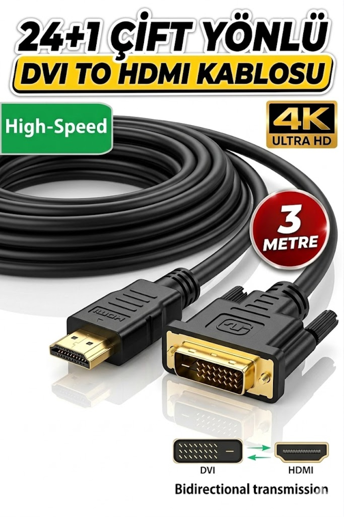 3 Metre 3mt Hdmı To Dvı Iki Çift Yönlü Dönüştürücü Adaptör Kablosu Bilgisayar Pc Laptop Pc Ps5 Xbox 360 Bir Serisi S X Uyumlu Kablo