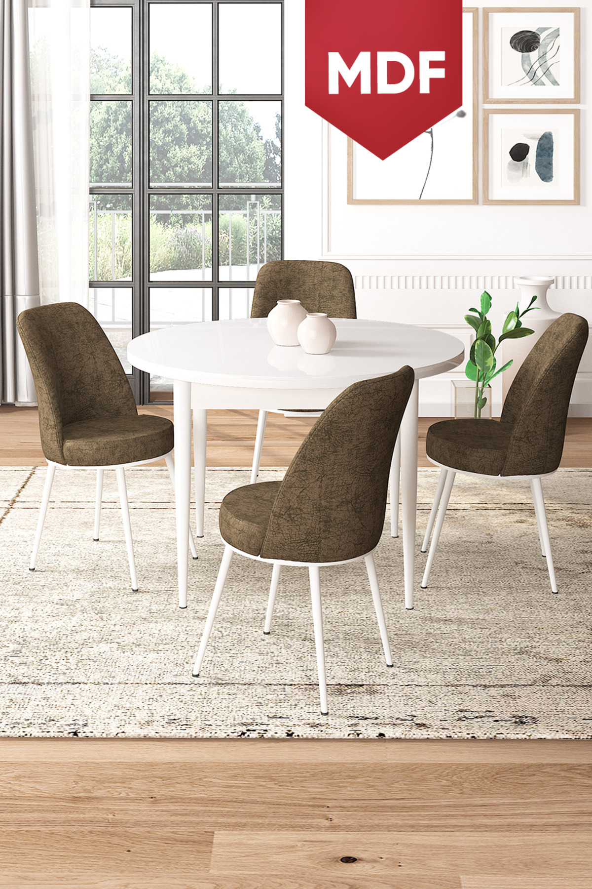 Tor Series MDF 90x90 Round Fixed White Table Set and 4 Coffee Chairs
