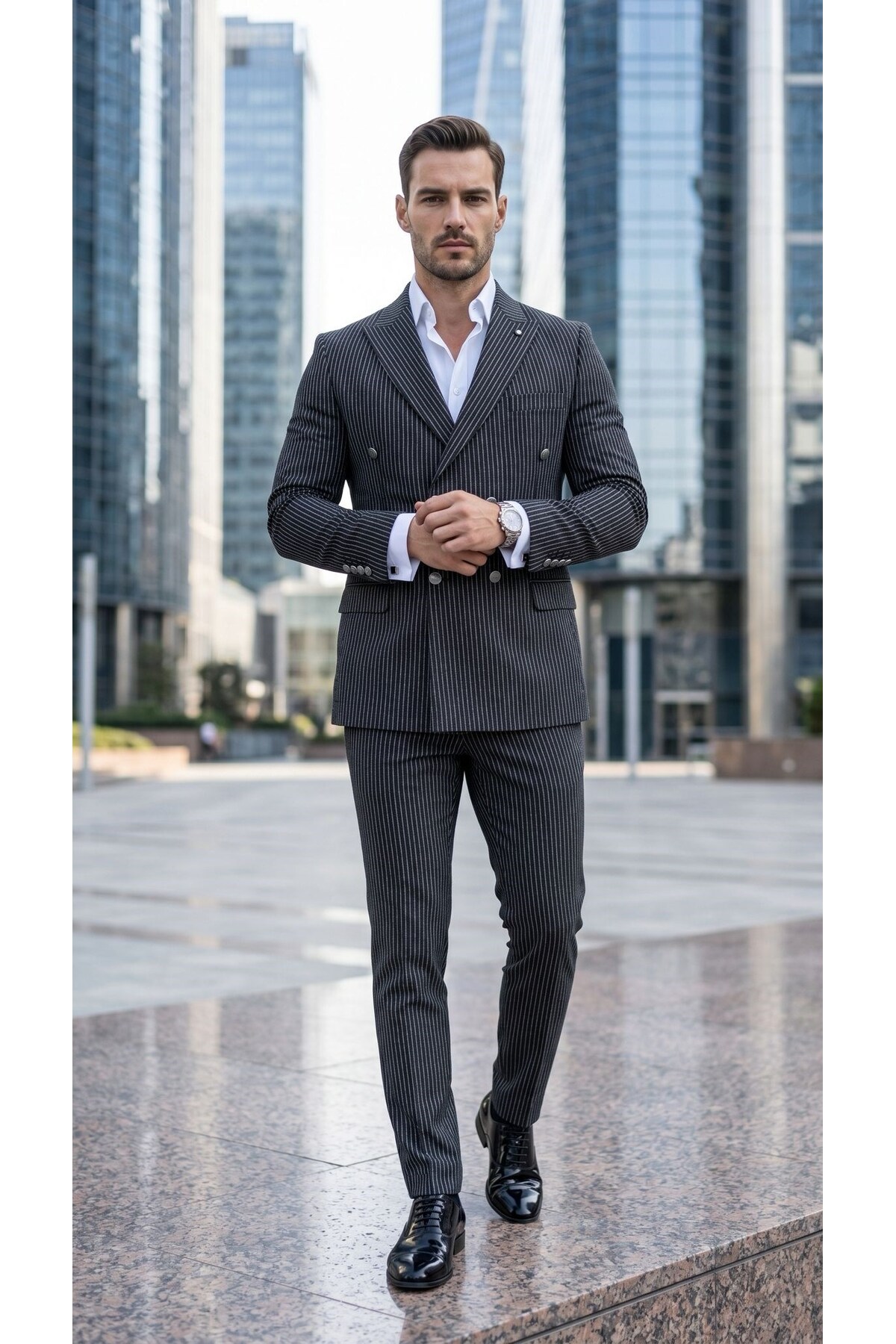 İtalyan Kesim Kruvaze Takım Elbise – Modern Slim Fit – Çizgili Kumaş Detaylı — سرمه‌ای PRA-13343985-802781 — تصویر 2 از 7