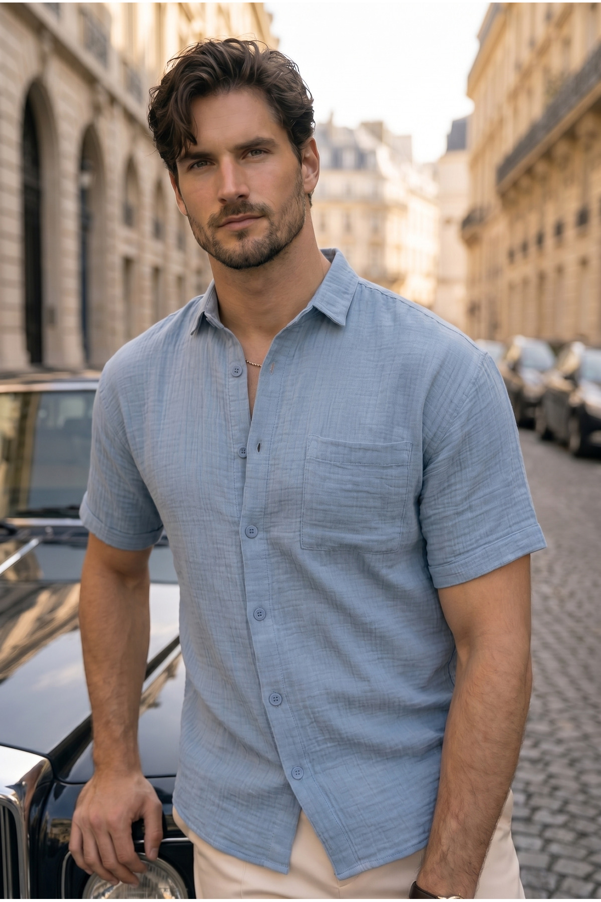Muslin Fabric Single Pocket Shirt- Cold Blue
