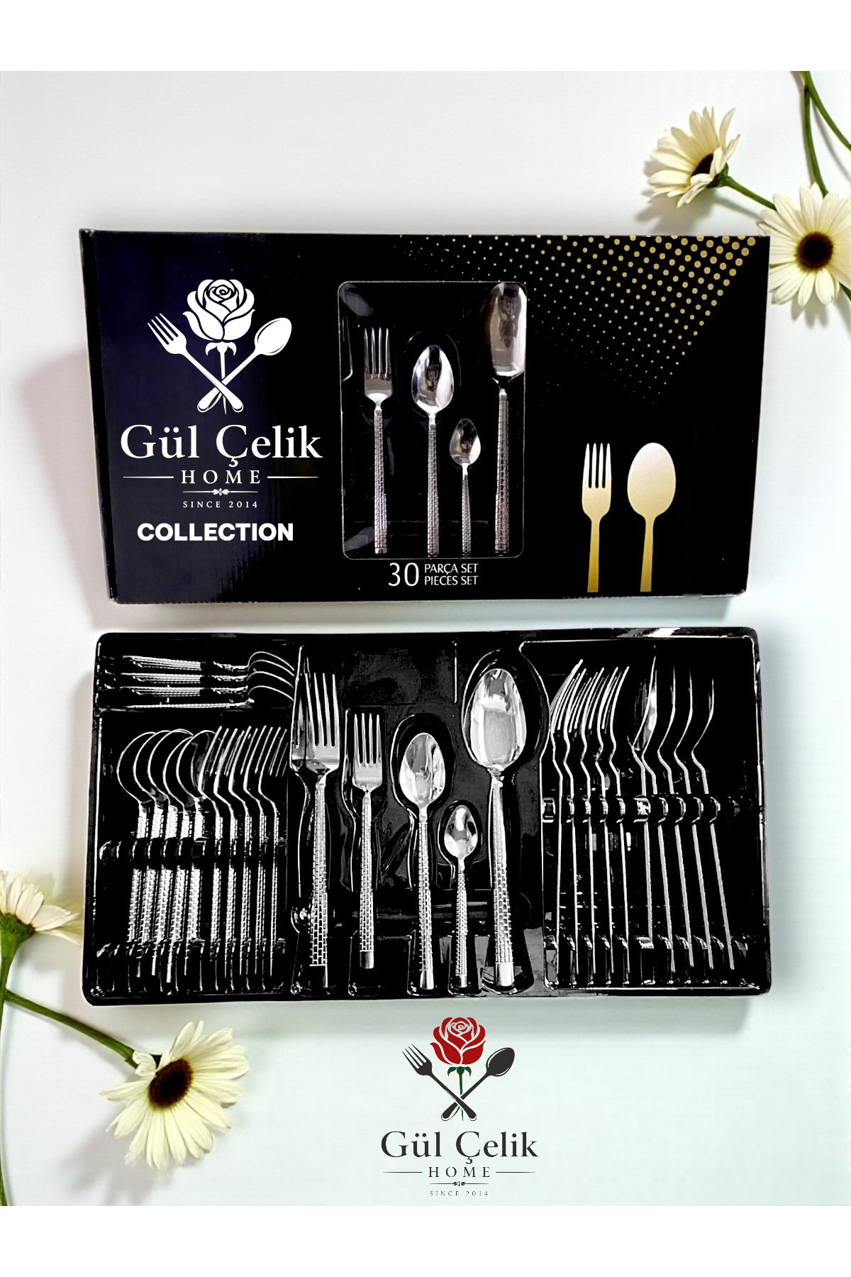 Gül Mutfak 30-Piece Cutlery Set for 6 People, Stone Design, Boxed Product