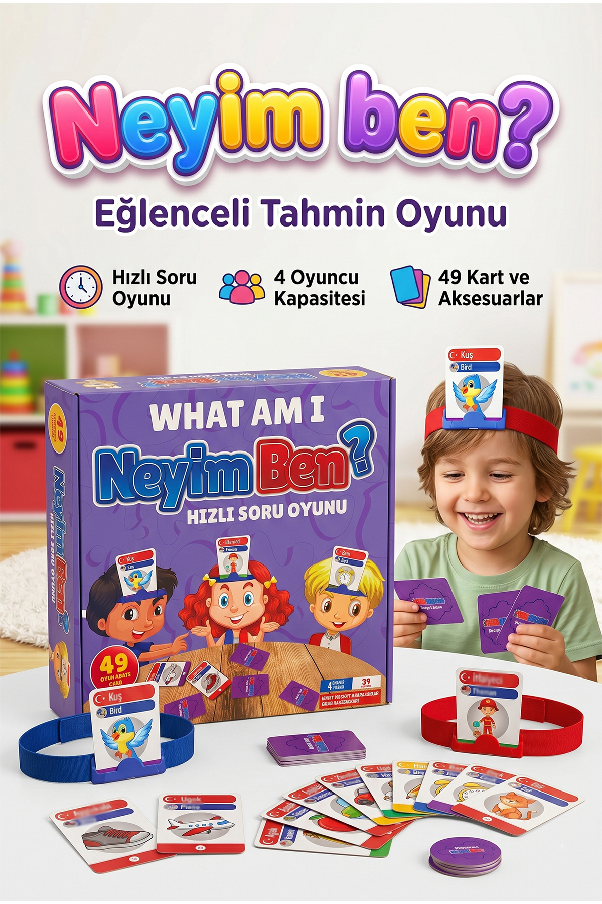 What Am I?! Turkish-English 49-Card Fun 4-Person Educational Family Box Game
