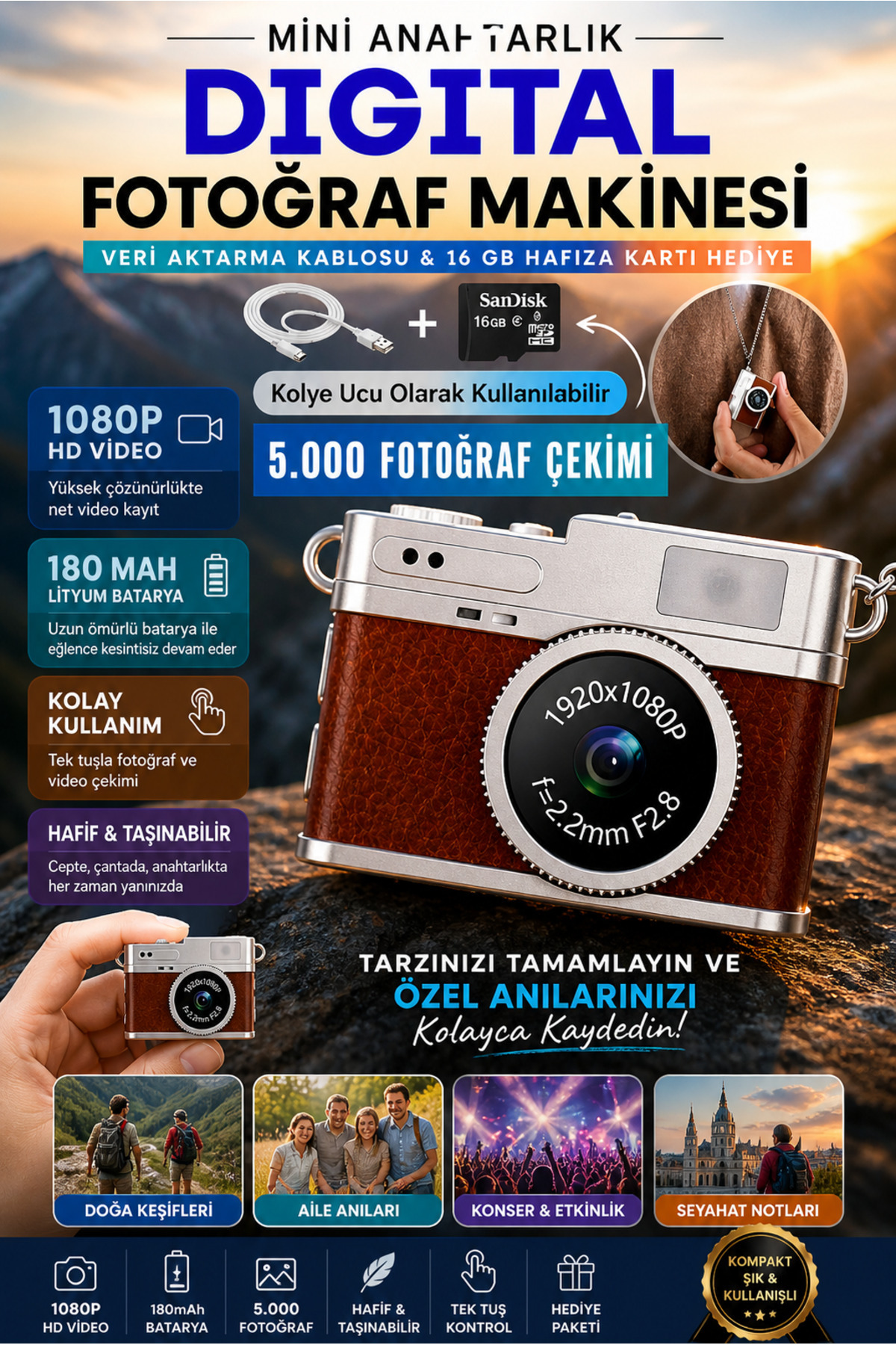 nextbuy Retro Dijital Fotoğraf Makinesi HD Video Kamera Mini Kolye Anahtarlık Şarjlı Çocuk Cep Kamerası