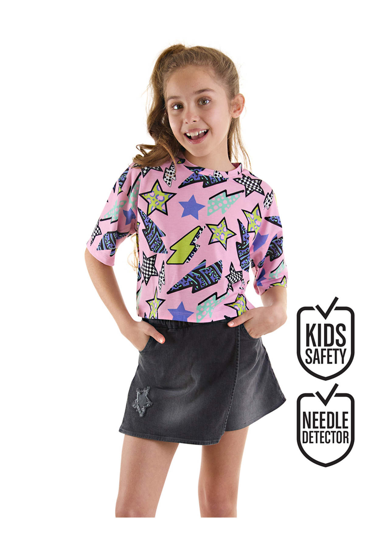 Star and Lightning Girls Summer T-shirt Denim Shorts Set