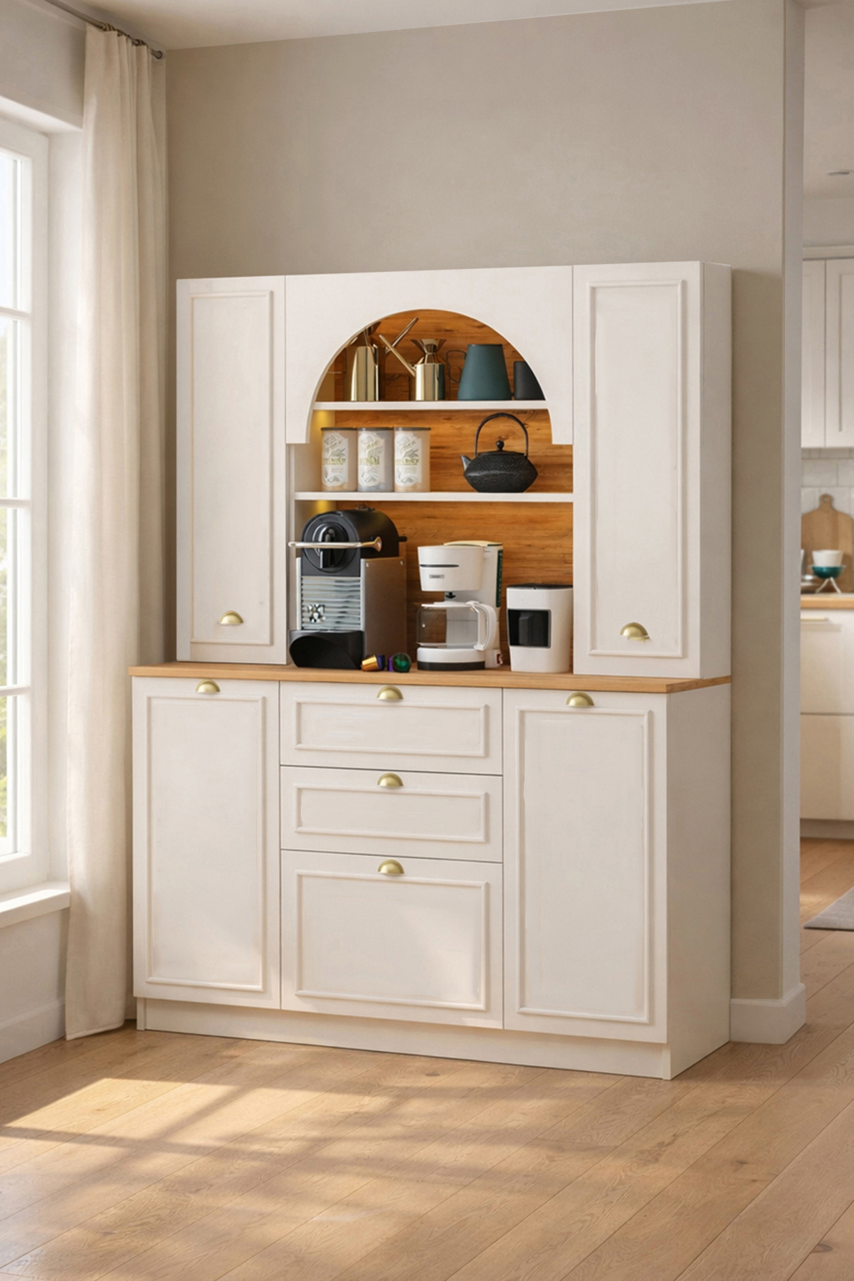 Alvor Coffee Corner Airfry Pantry Cabinet with Drawer Multi Purpose Bar Cabinet Moonstone with Glass Shelf with Led Light