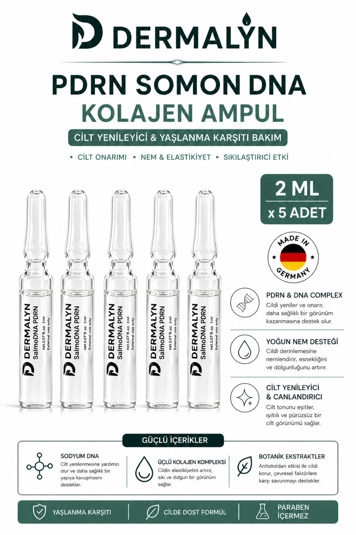 5 Adet PDRN Somon DNA Kolajen İçeren Cildi Gençleştirmeye Yardımcı Ampul Serum Dermaroller Dermapen — SALMODNA-5