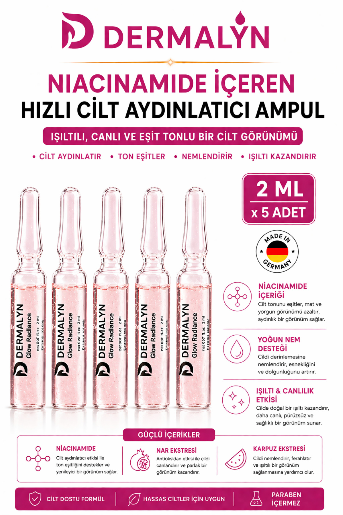 5 Adet Niacinamide İçeren Hızlı Cilt Aydınlatıcı Glow Etkili Nemlendirici Ampul Serum Dermaroller — GLOW-5