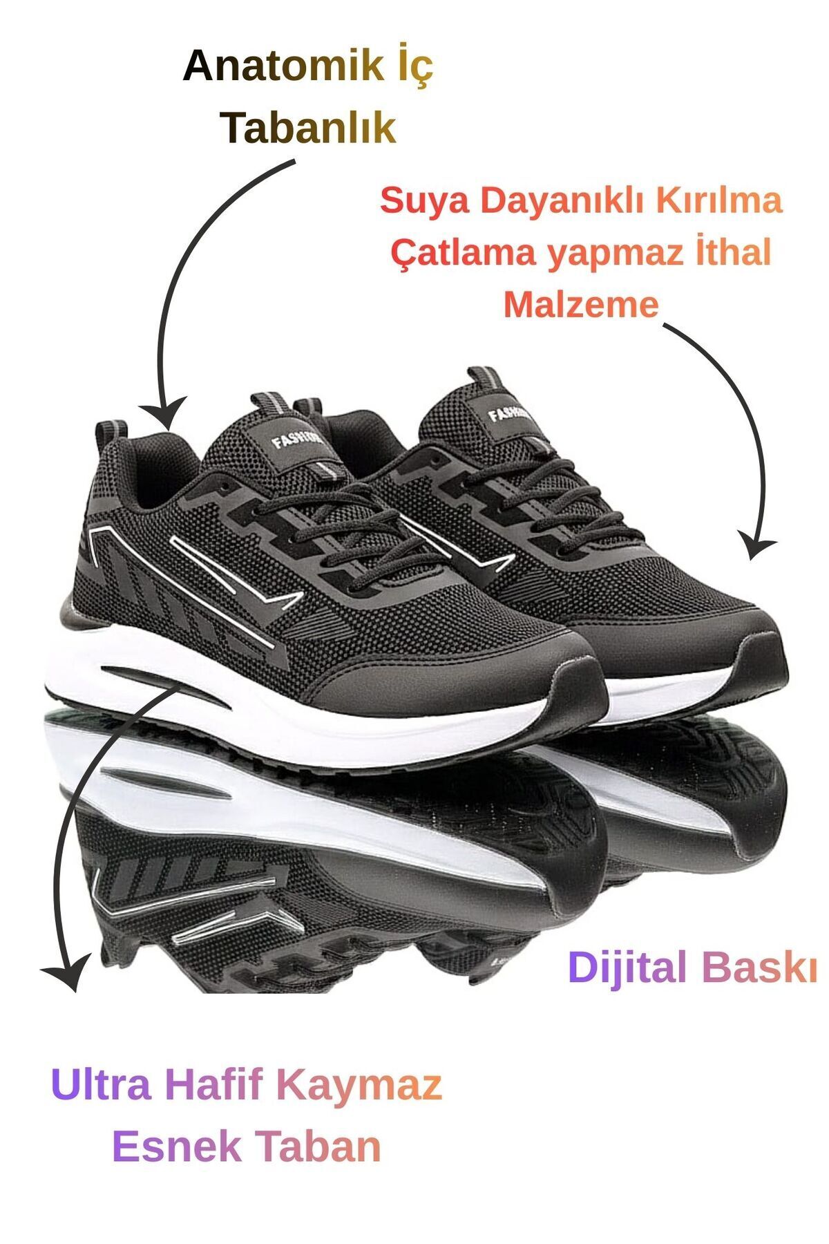 McDark Kadın Siyah Beyaz Trenj Bağcıklı Ortopedi Sneaker Ayakkabı görsel 2