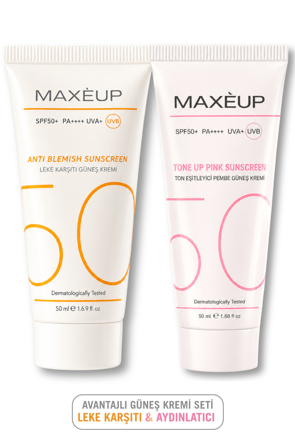 SPF 50+ Güneş Kremi Seti | Ton Eşitleyici Pembe & Leke Karşıtı | Yüz Güneş Koruyucu | 2 x 50 ML | — MAXE03