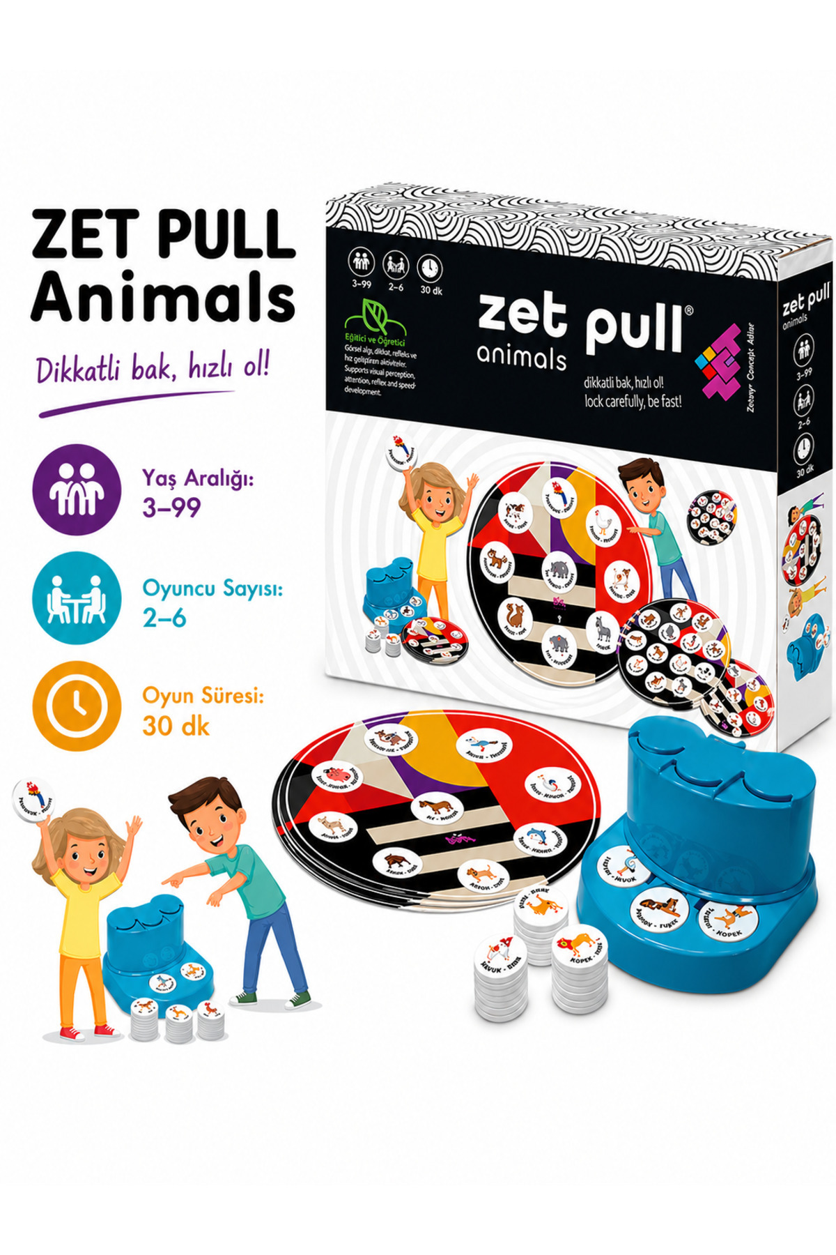 TÜZDER Zet Pull Animals Zeka ve Işitsel Algı Oyunu 3+ Yaş 8 Oyuncu