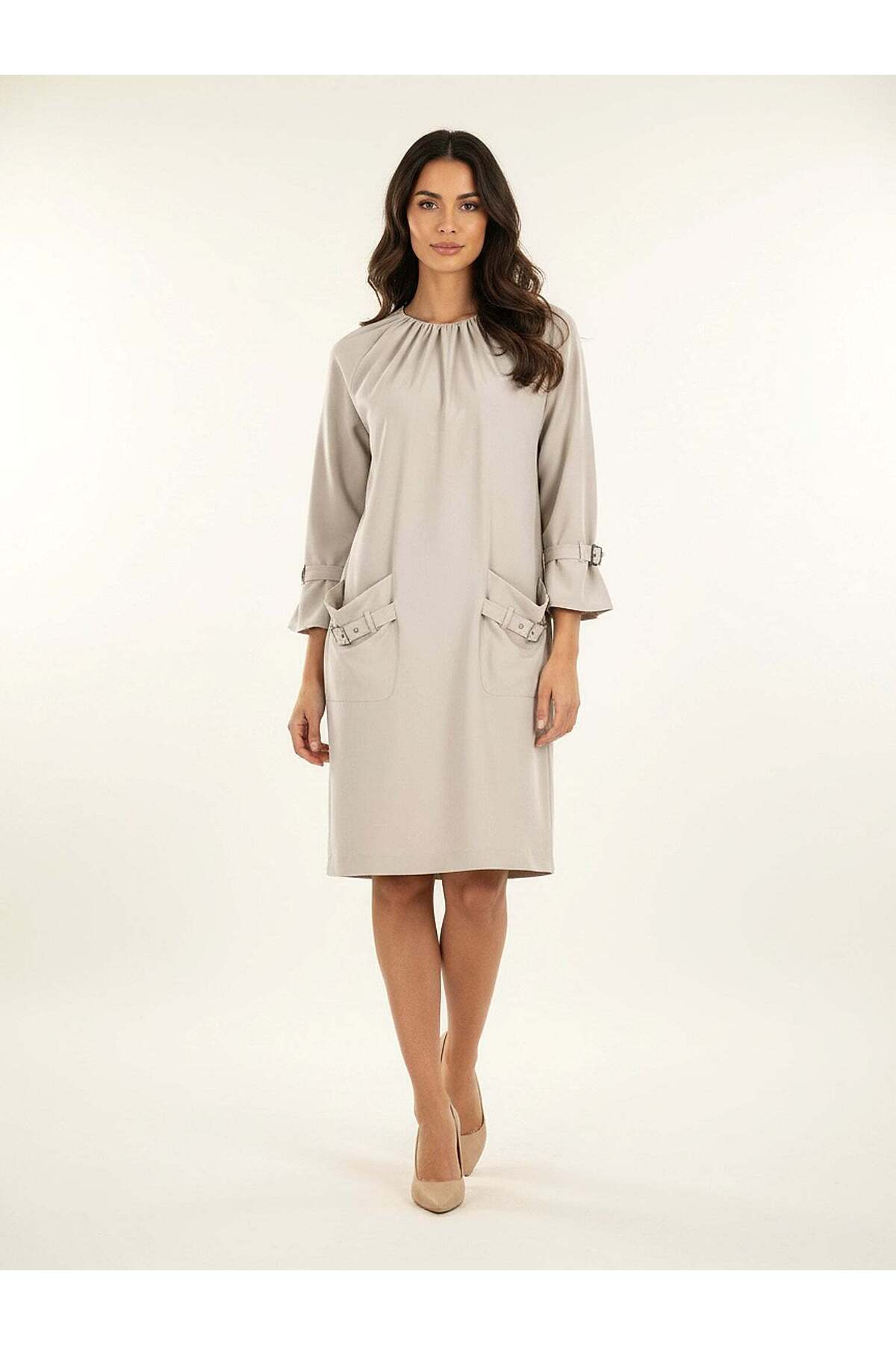 Women's Cream Pocket Dress – Metal Buckle, Comfortable Fit, Casual Linen Texture | Frn Line