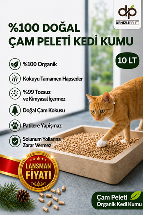 Denizli Pelet %100 Doğal Organik çam peleti kedi kumu katkısız 10 LT | Tozsuz...