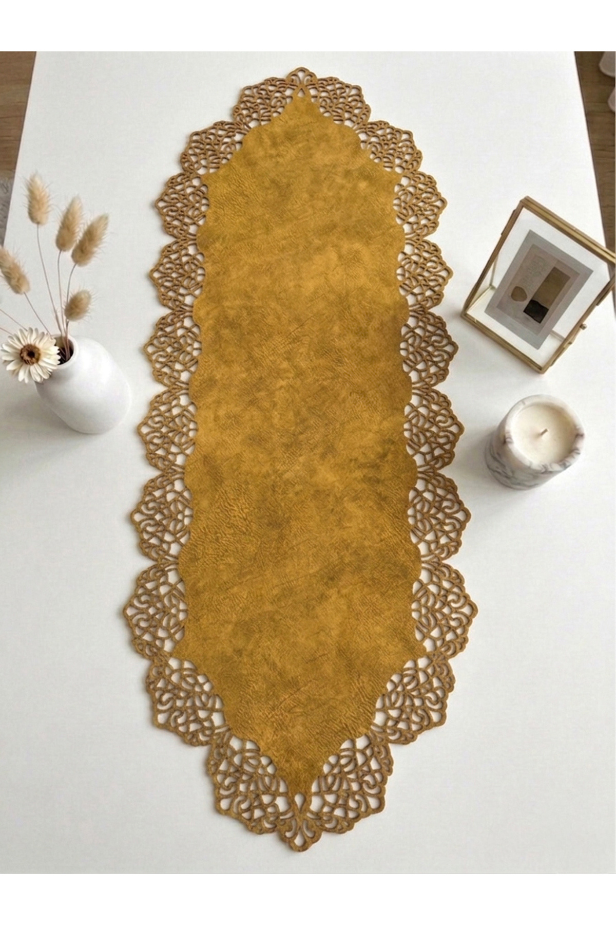 Mustard Yellow Suede Fabric Runner 40x100 Cm Coffee Table Length - Modern Design