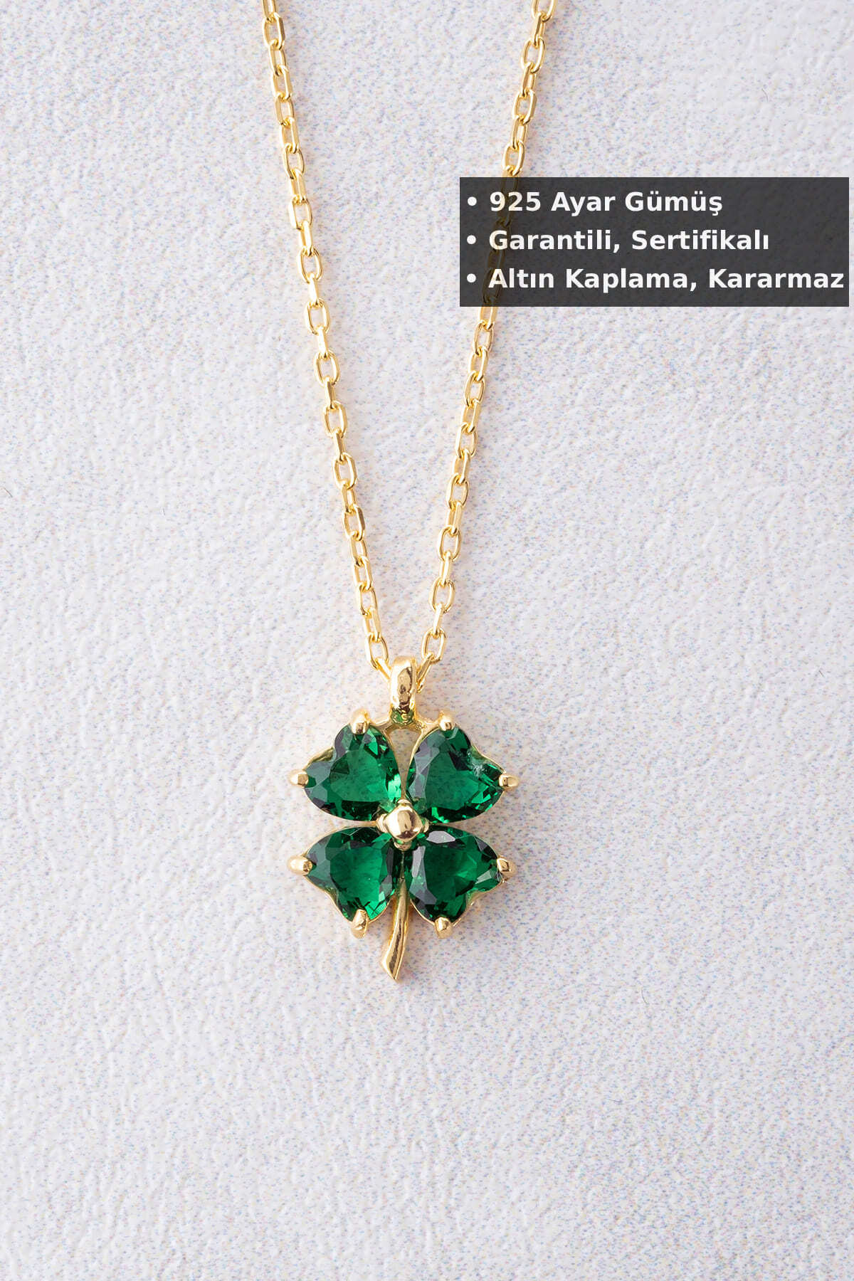 Jewelmim Yeşil Taşlı Yoncalı Kolye | Sarı Altın Kaplama 925 Ayar Kadın Dört 4 Yapraklı Yonca Gümüş Kolye