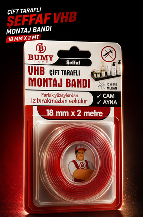 BUMY VHB GÜÇLÜ Çift Taraflı Şeffaf Montaj Bandı 18mm x 2 METRE Cam Ayna Ahşap...