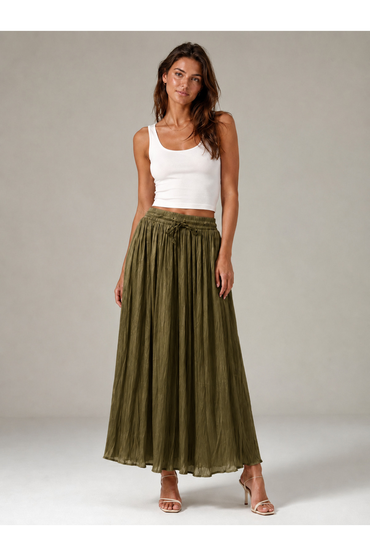 Women's Crush Lace-up Midi Oil Green Skirt